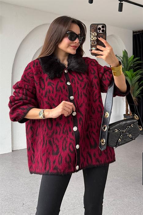 Madlen Bordo Yakası Kürklü Hırka