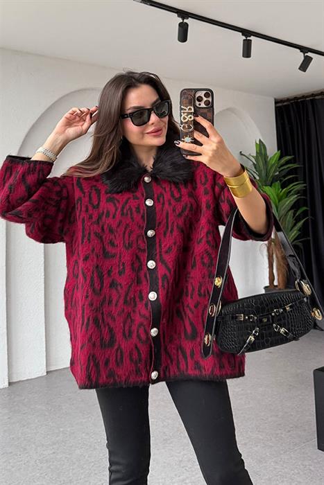 Madlen Bordo Yakası Kürklü Hırka