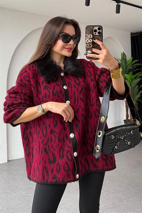 Madlen Bordo Yakası Kürklü Hırka