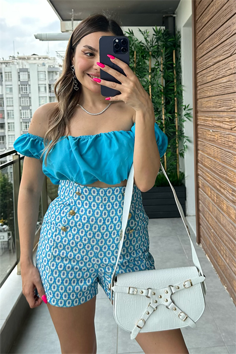 Madonna yaka mavi mini crop top