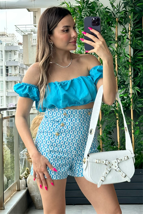 Madonna yaka mavi mini crop top