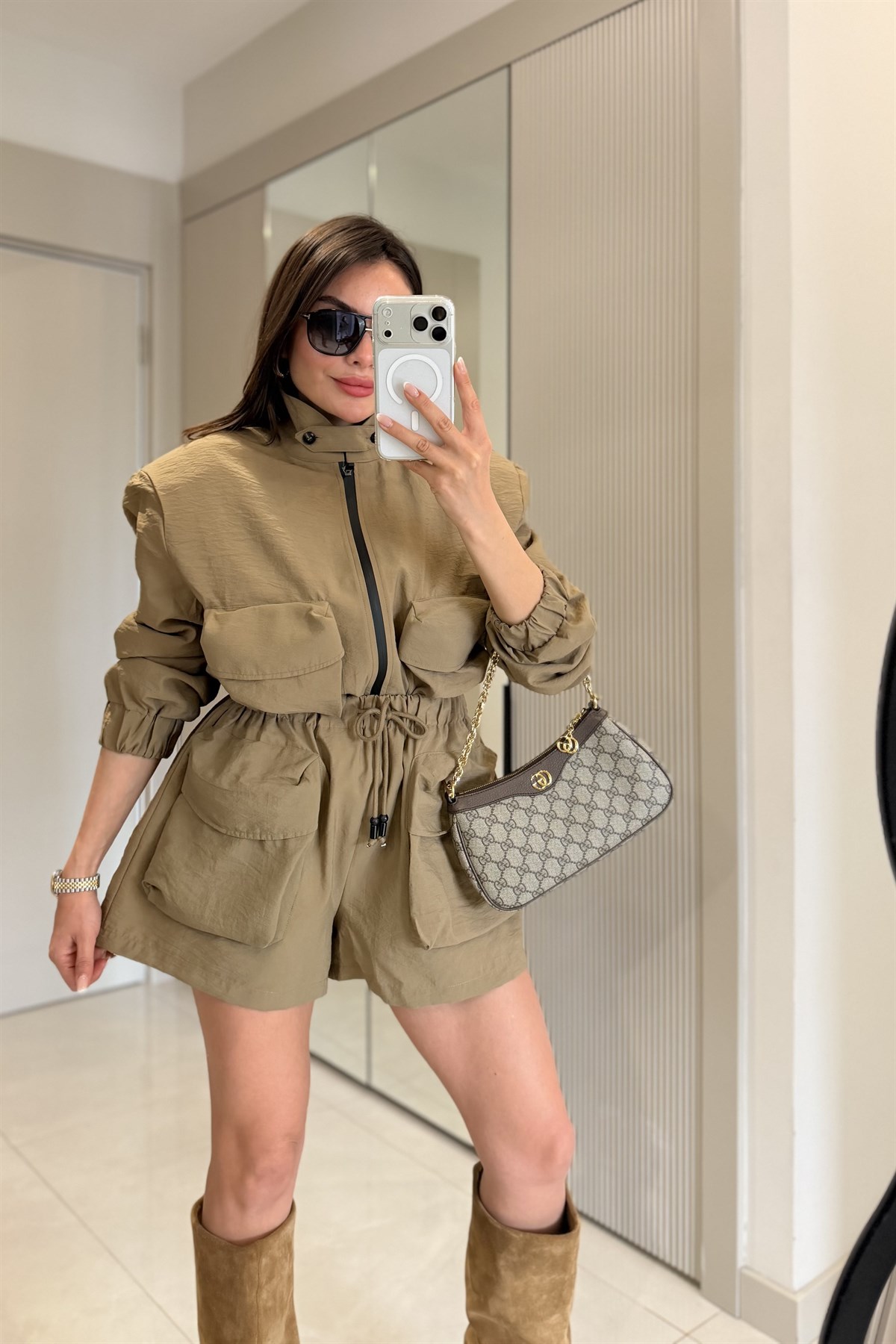 Madrid Haki Cep Detaylı Fermuarlı Paraşüt Ceket