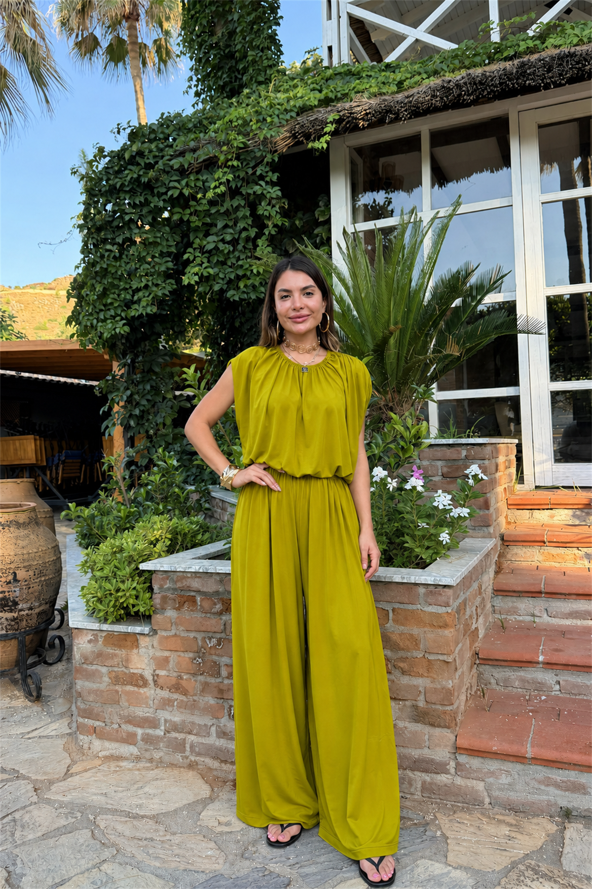Maelle Yağ Yeşili Drapeli Bluz Pantolon Takım