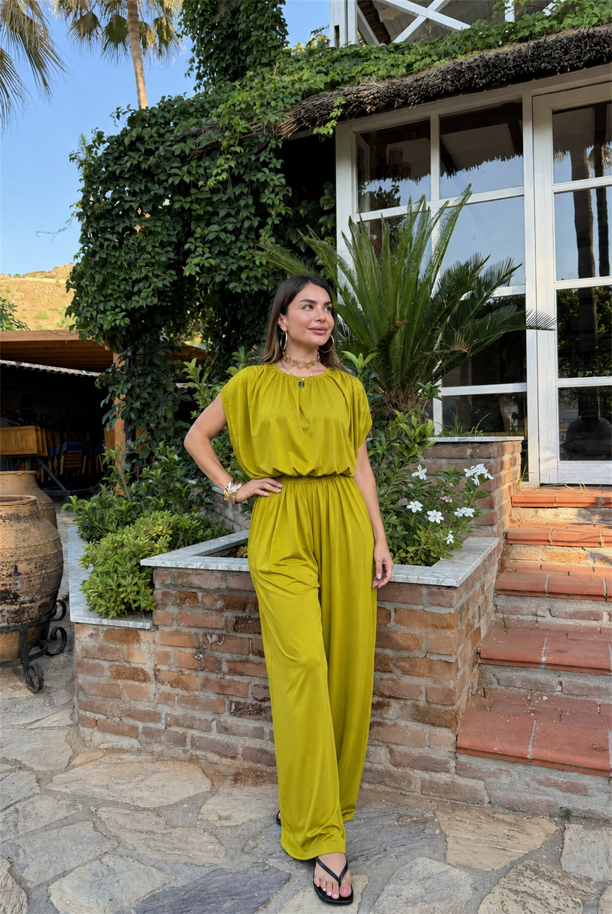Maelle Yağ Yeşili Drapeli Bluz Pantolon Takım