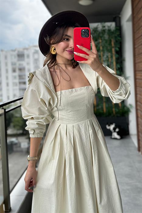 Mafi Paraşüt Kumaş Kapüşonlu Bolero - Ekru 