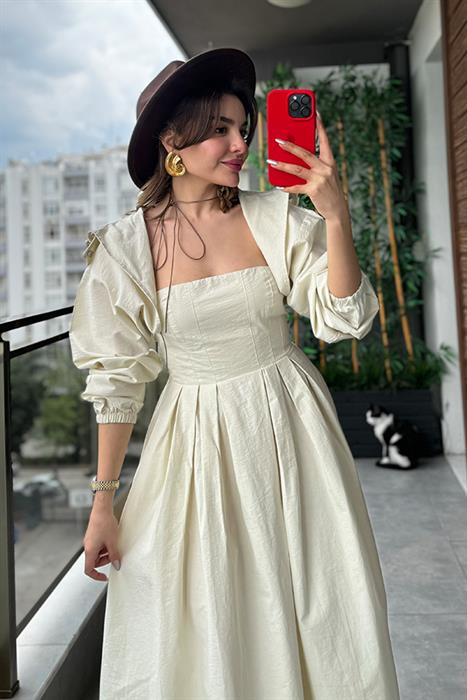 Mafi Paraşüt Kumaş Kapüşonlu Bolero - Ekru 