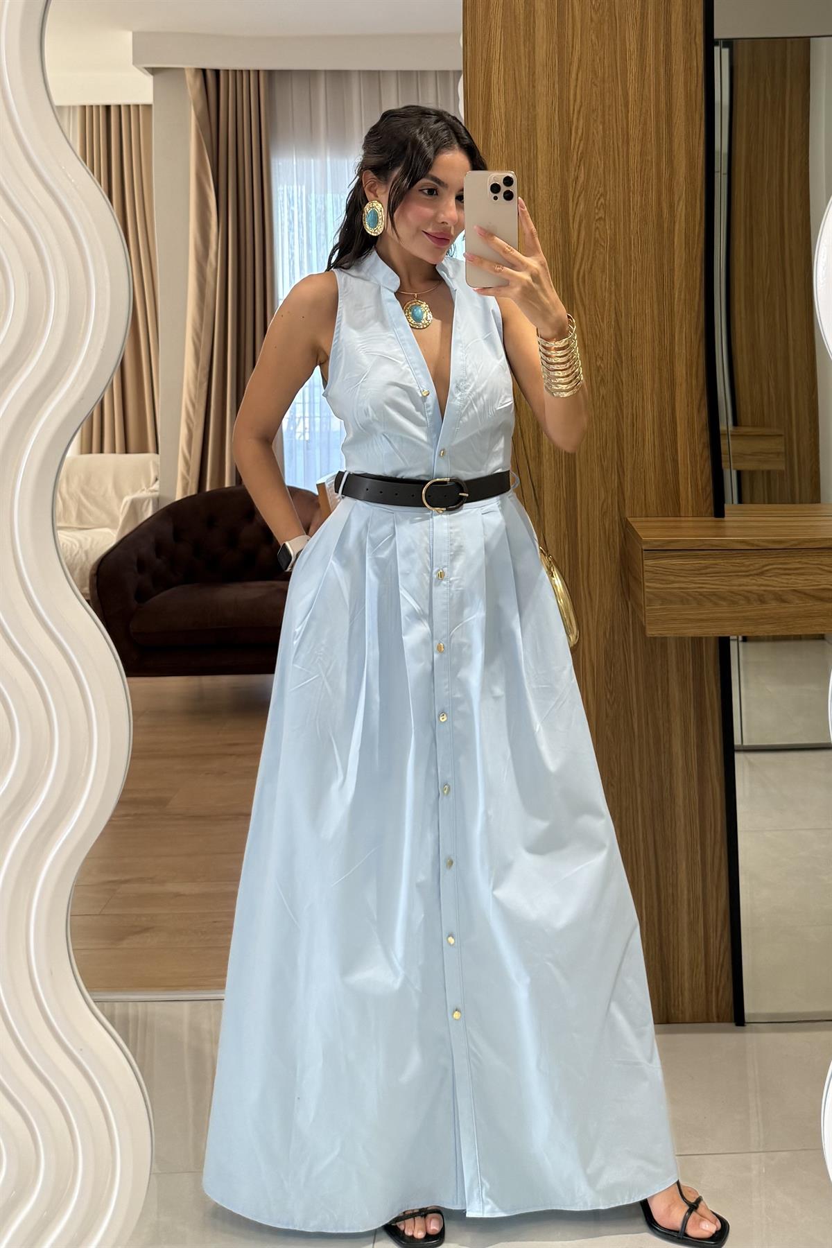 Magnolia Mavi Kemerli Poplin Elbise