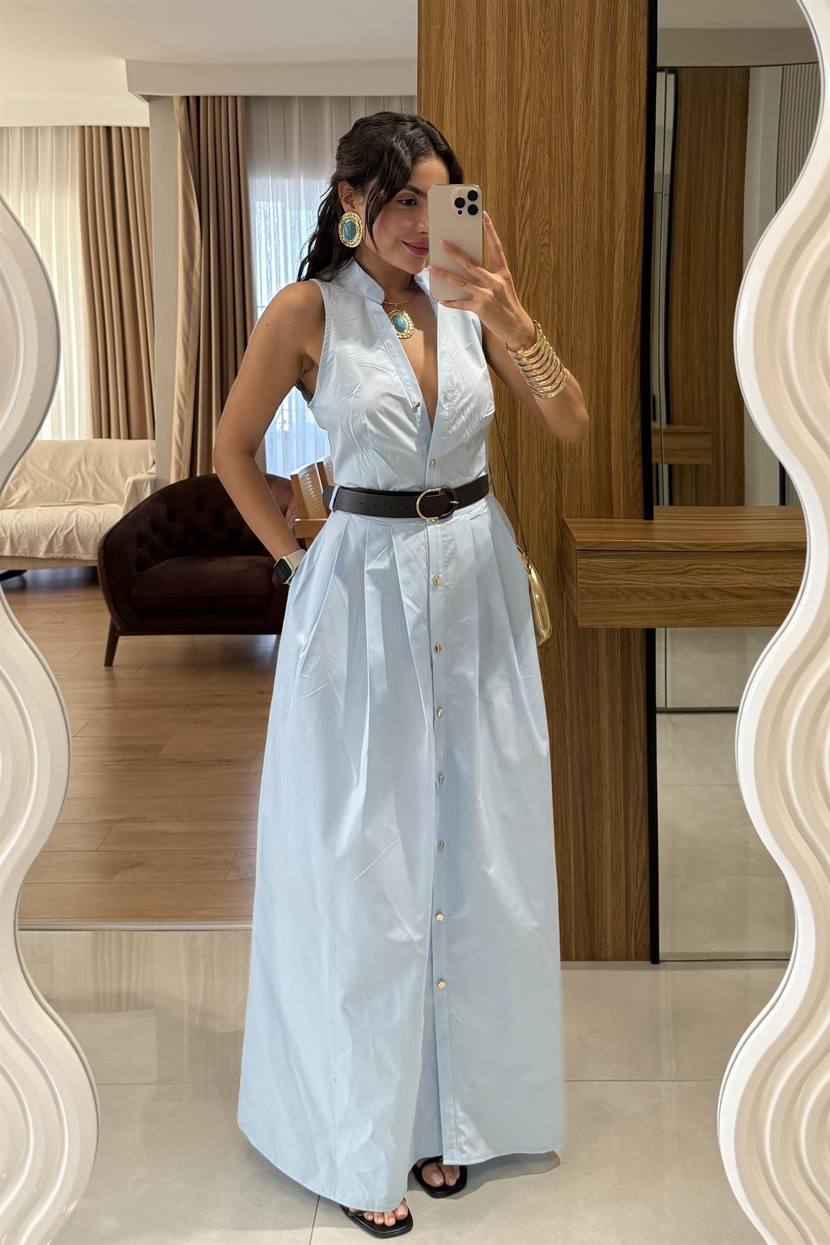 Magnolia Mavi Kemerli Poplin Elbise