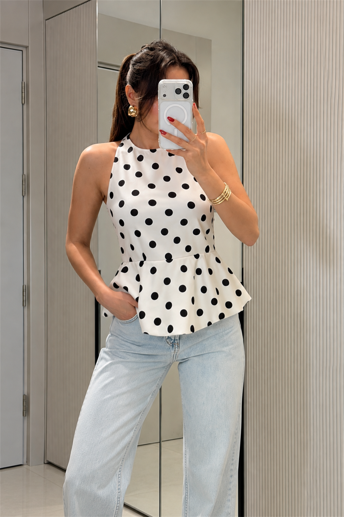 Magy Beyaz Puantiyeli Balon Model Bluz