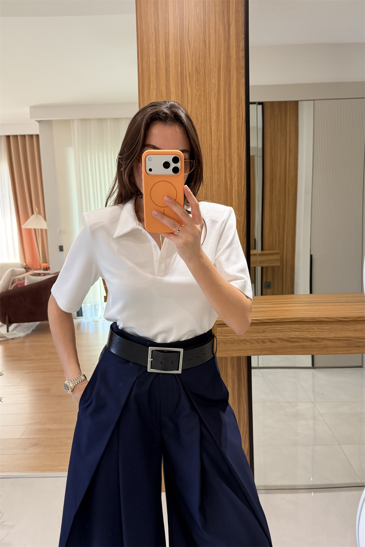 Mairin Beyaz Vatkalı Polo Yaka Tshirt