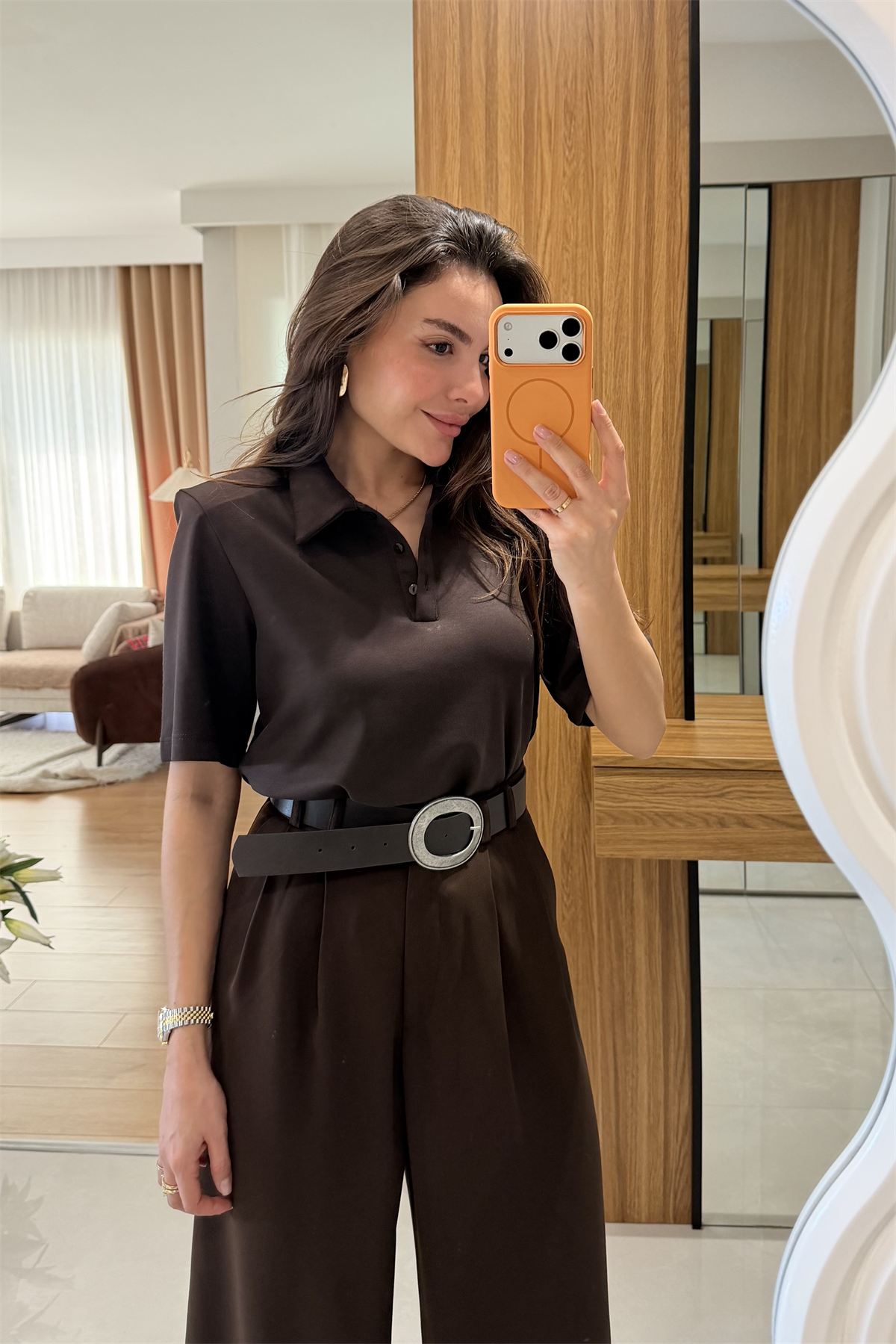 Mairin Kahve Vatkalı Polo Yaka Tshirt