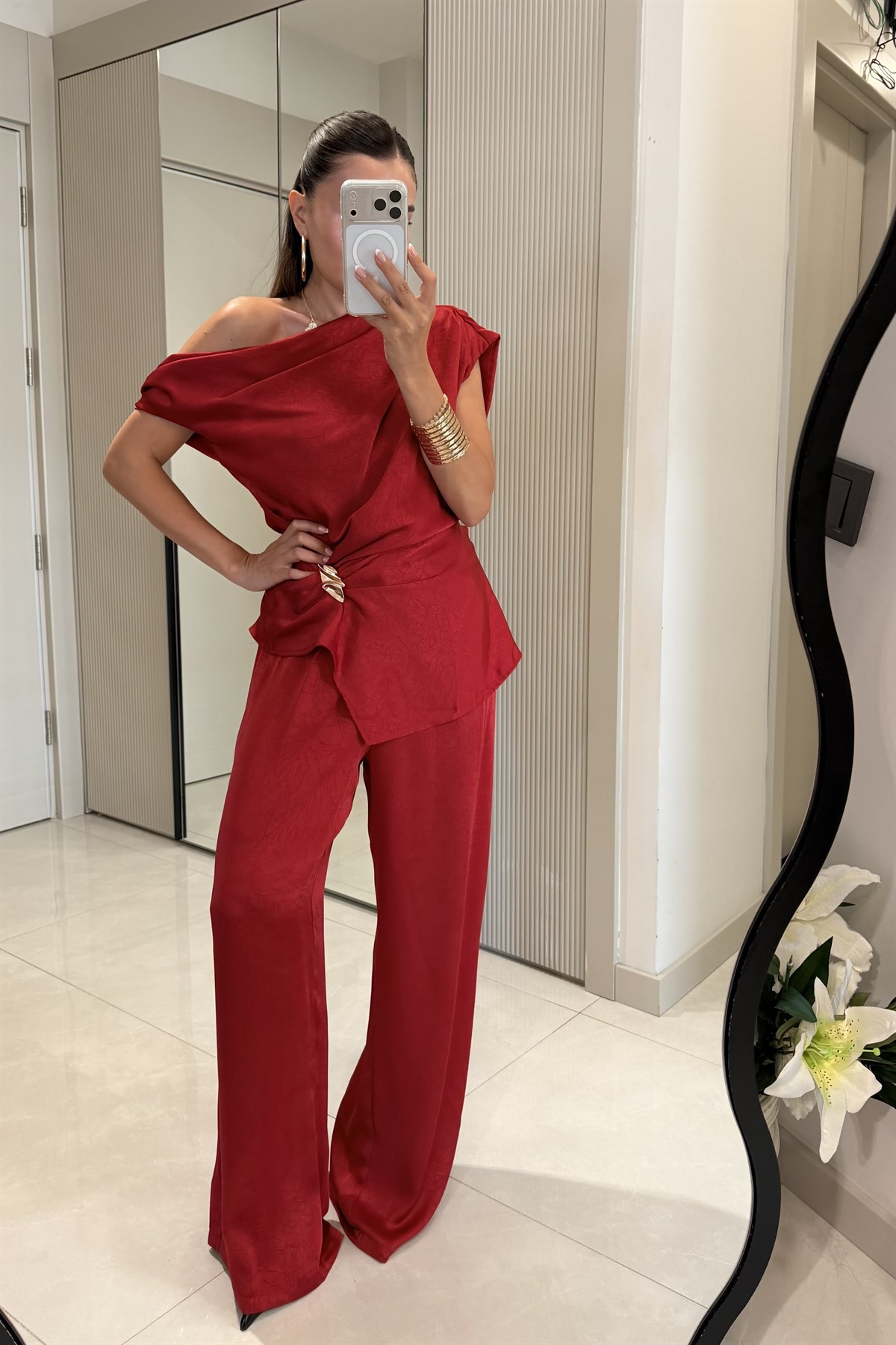 Maisie Kırmızı Saten Palazzo Pantolon