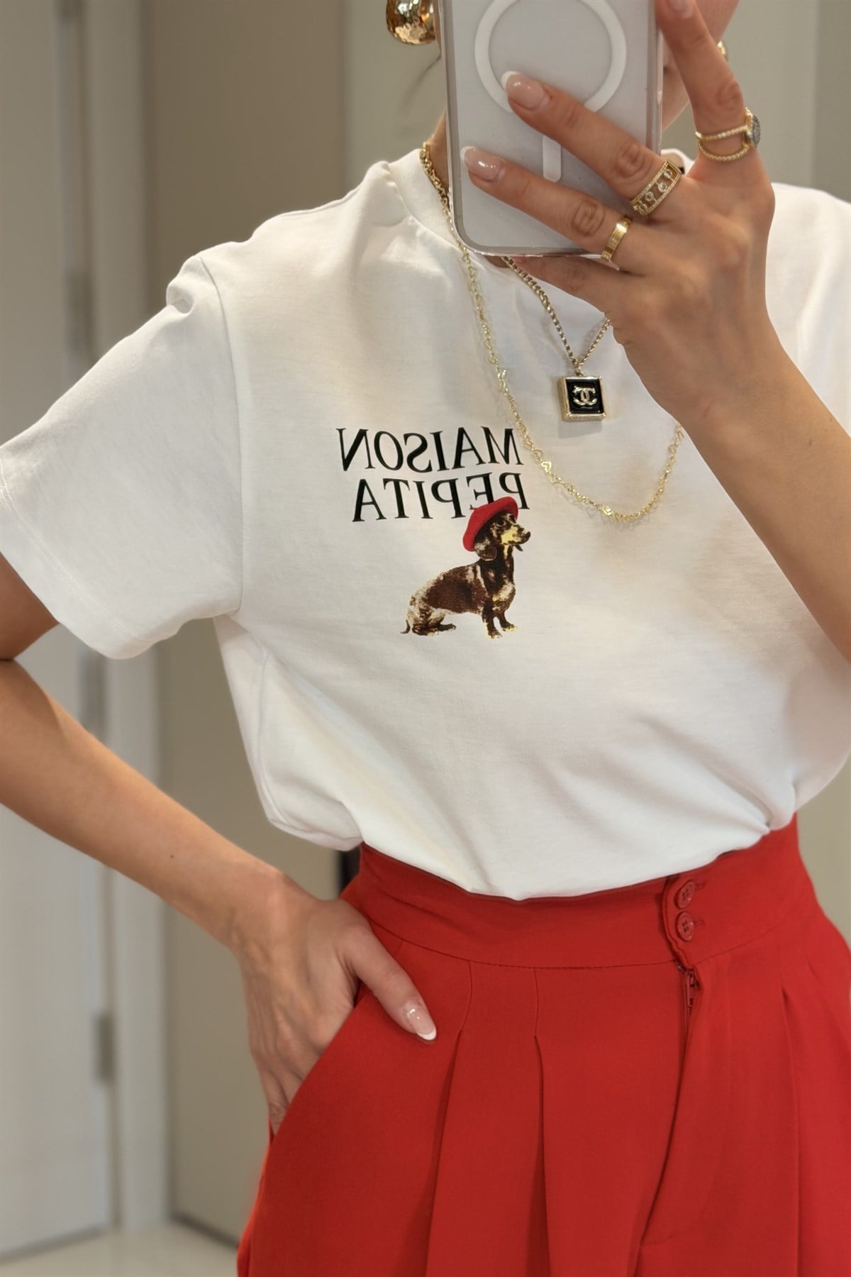 Maison Beyaz Köpek Baskılı Tshirt 