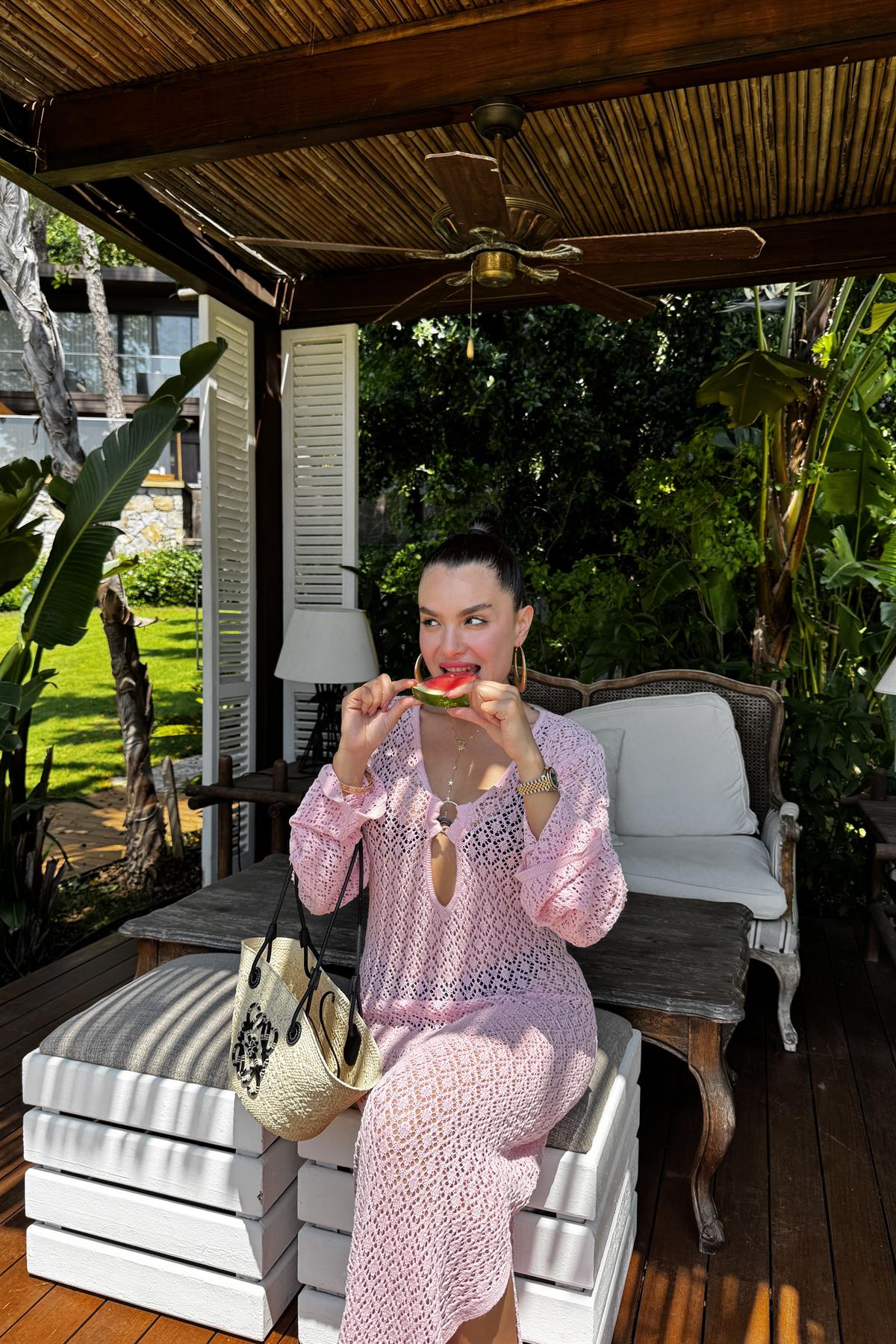 Maja Pembe Yazlık Triko Ajurlu Elbise