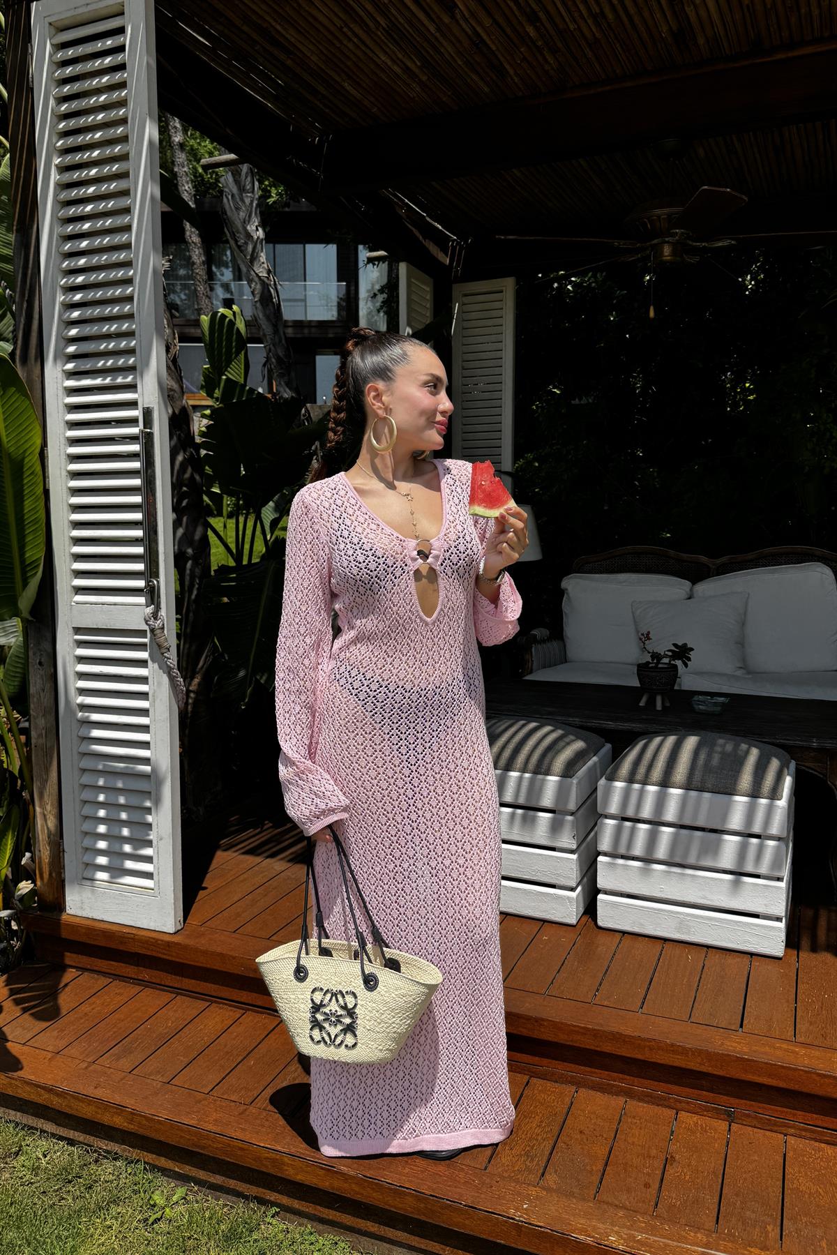 Maja Pembe Yazlık Triko Ajurlu Elbise