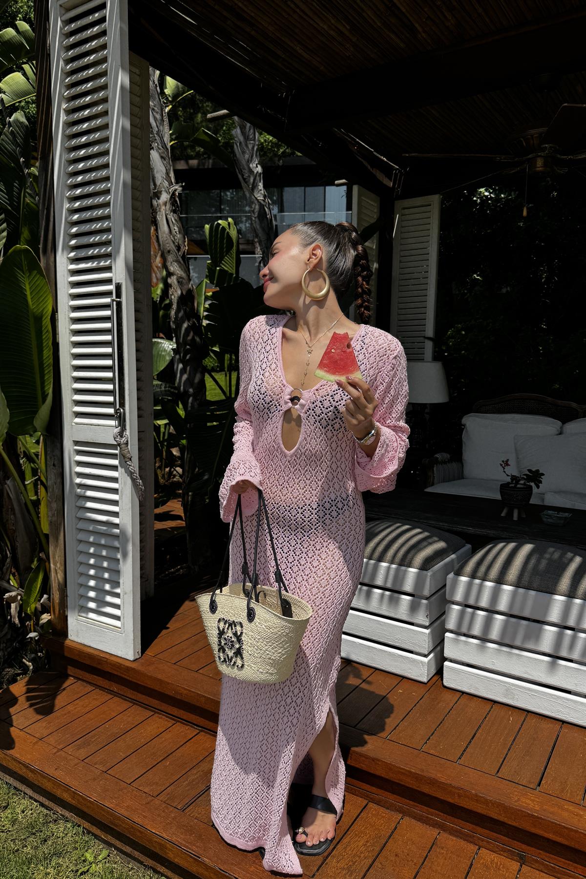 Maja Pembe Yazlık Triko Ajurlu Elbise