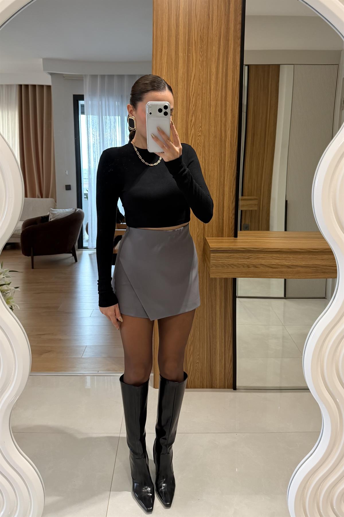 Majid Gri Asimetrik Şort Etek