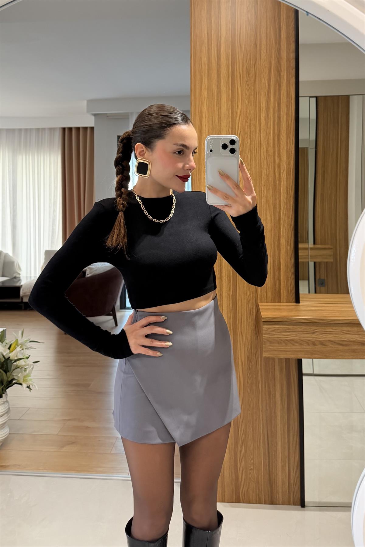 Majid Gri Asimetrik Şort Etek