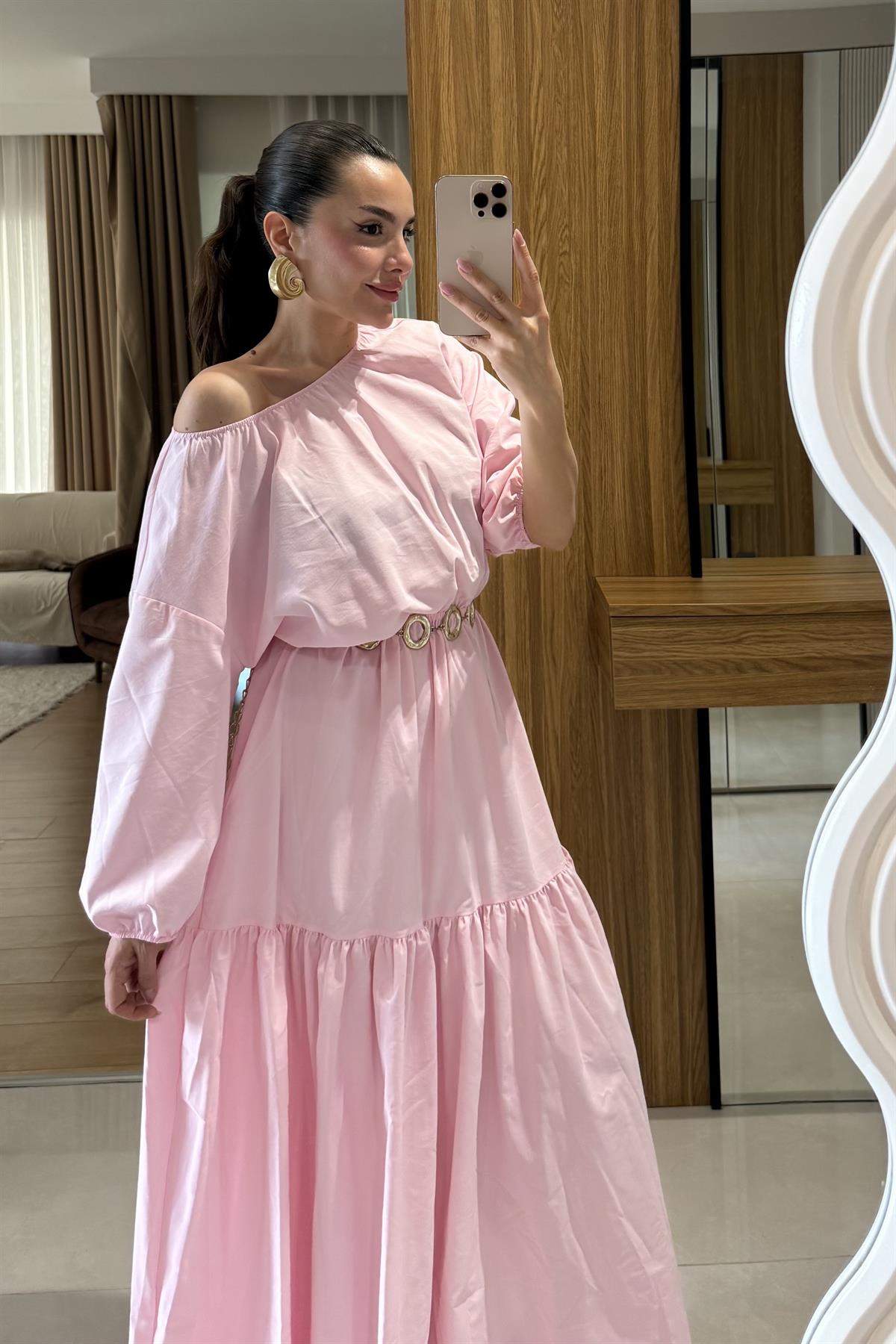 Majuro Toz Pembe  Boğumlu Poplin Elbise