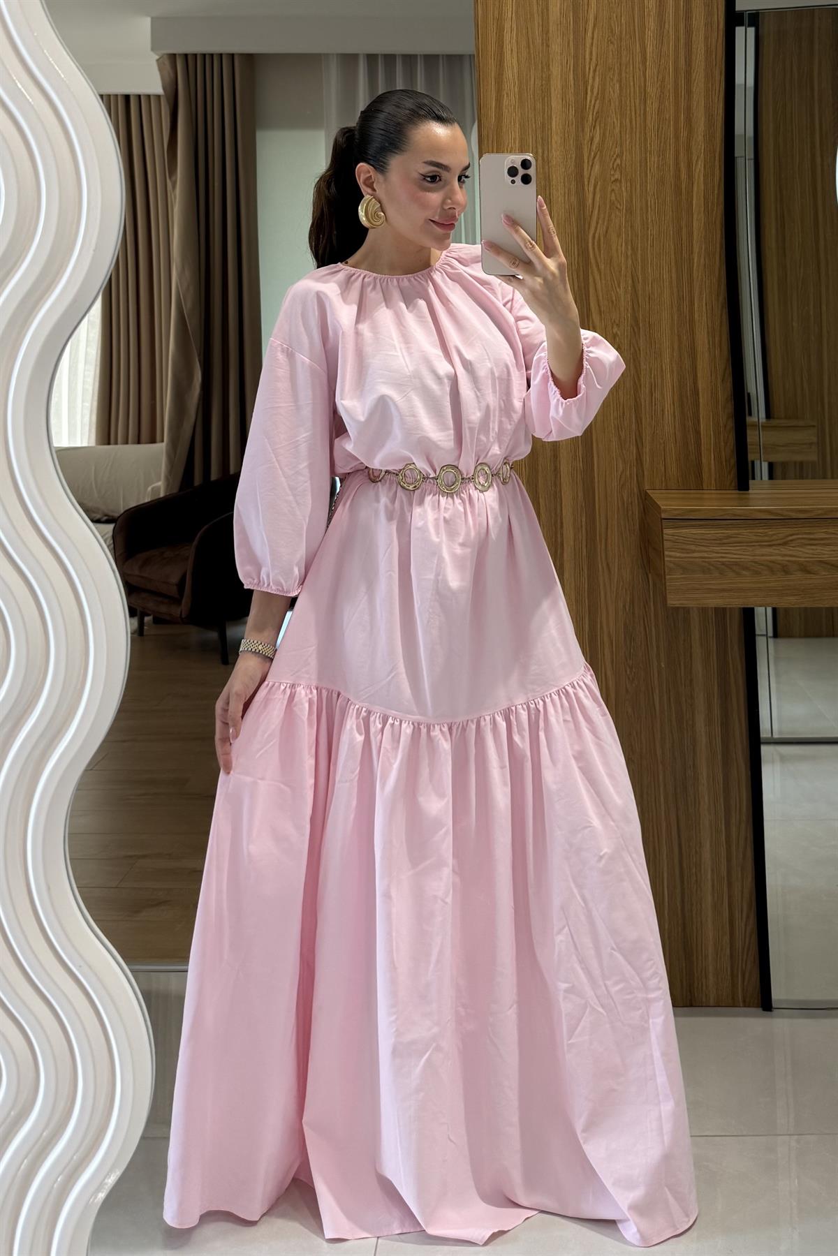 Majuro Toz Pembe  Boğumlu Poplin Elbise