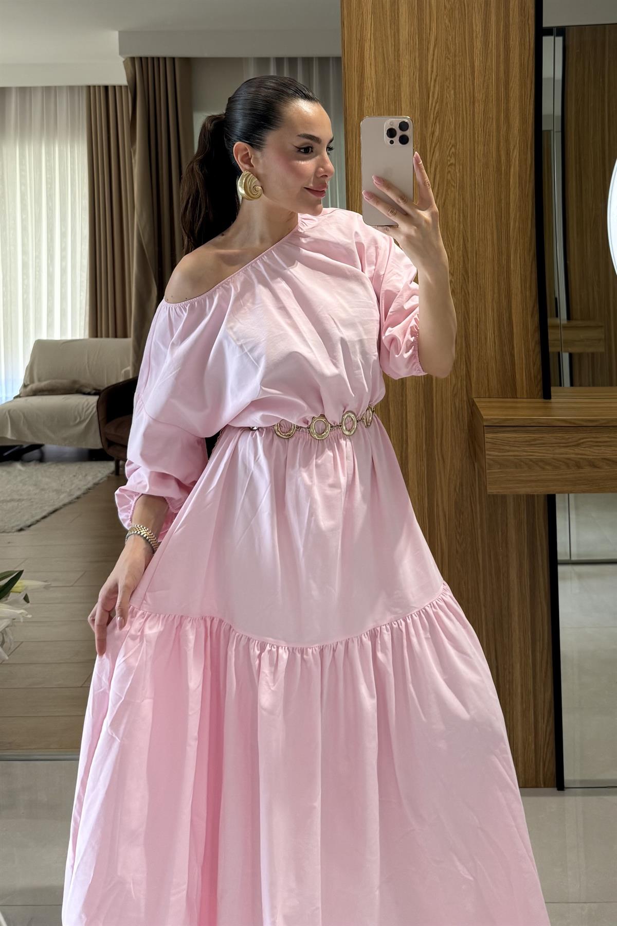 Majuro Toz Pembe  Boğumlu Poplin Elbise