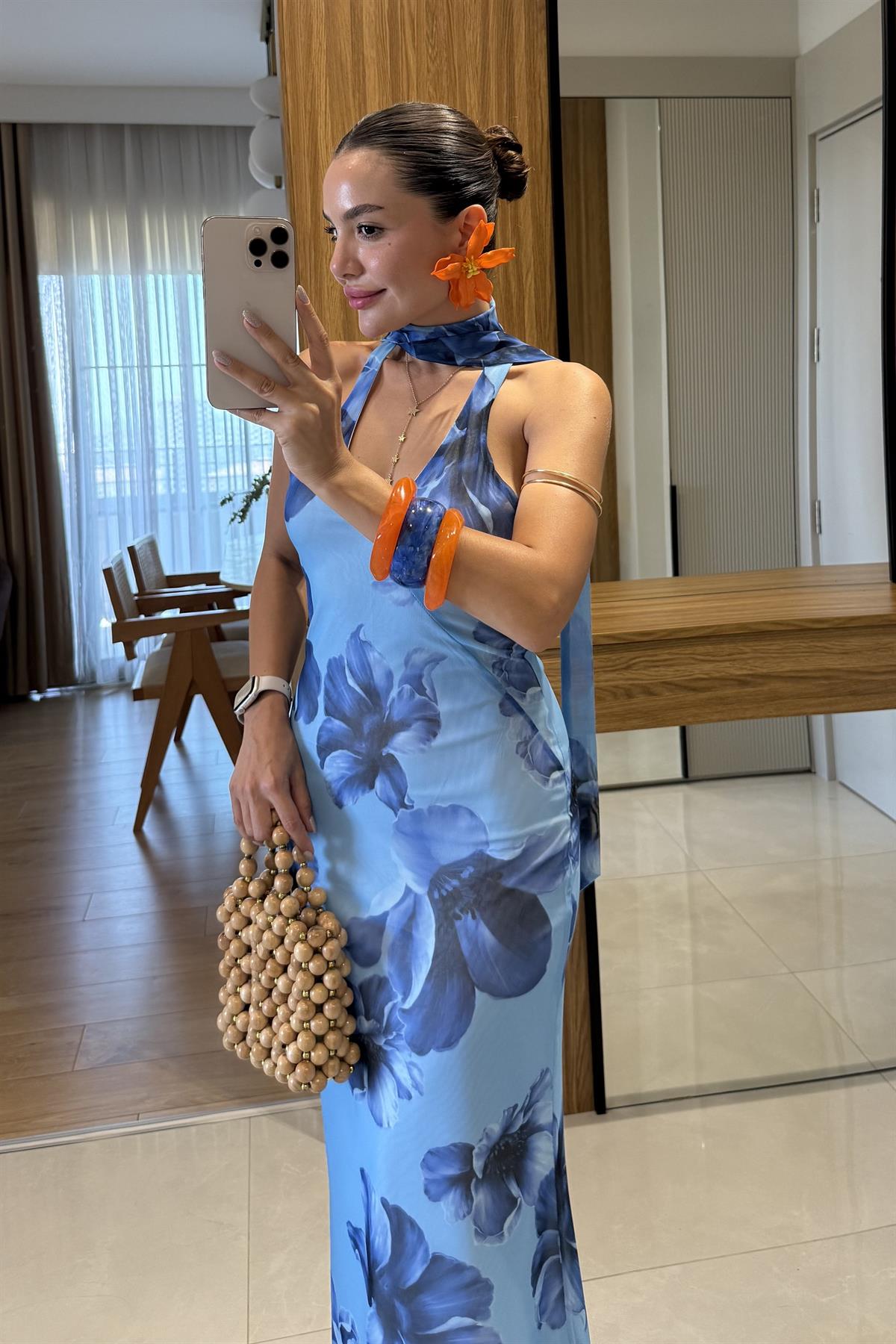 Maldive Mavi Çiçek Desen Tül Astarlı Elbise