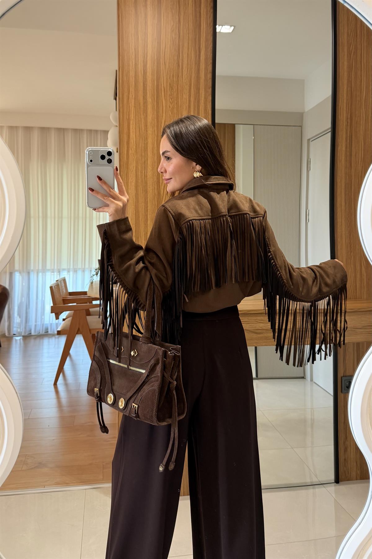 Malive Acı Kahve Süet Püsküllü Ceket