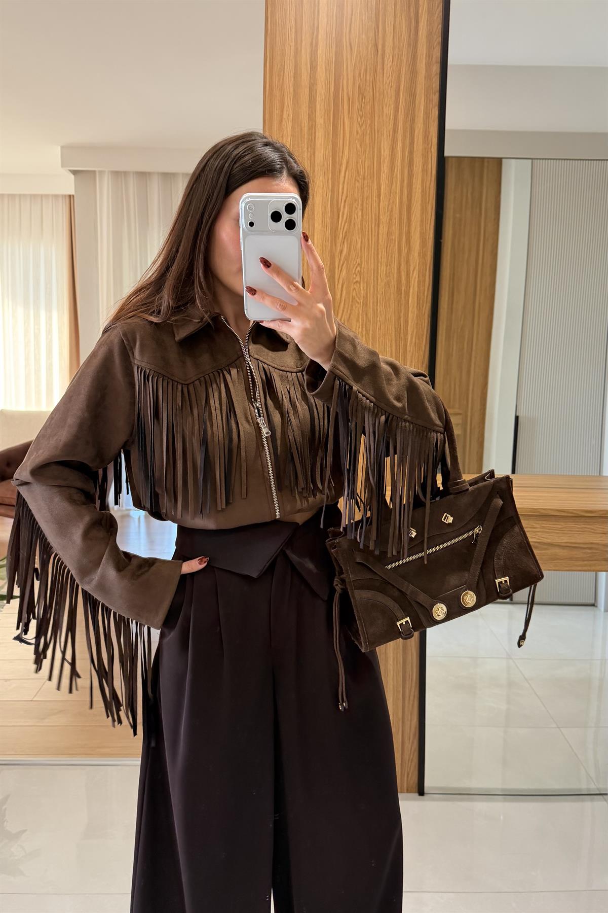 Malive Acı Kahve Süet Püsküllü Ceket