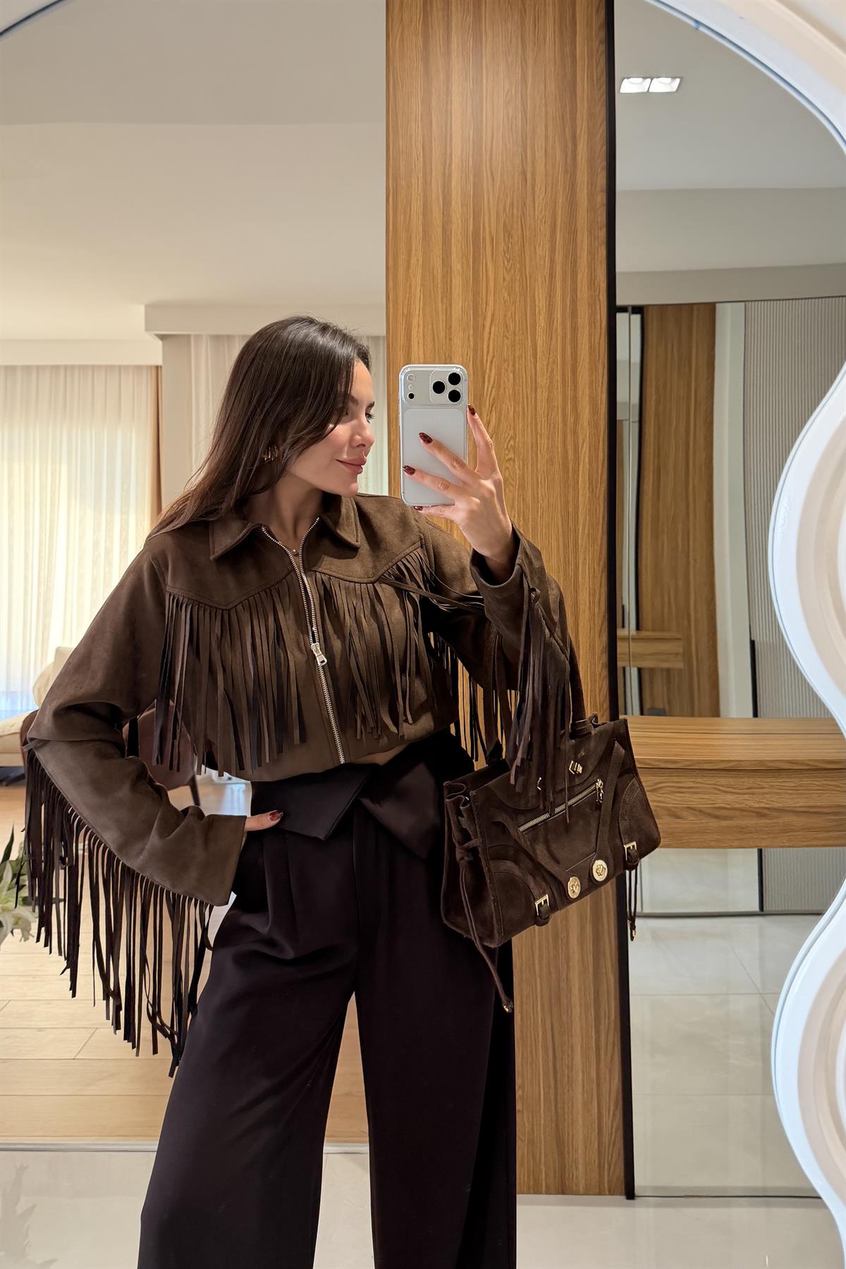 Malive Acı Kahve Süet Püsküllü Ceket