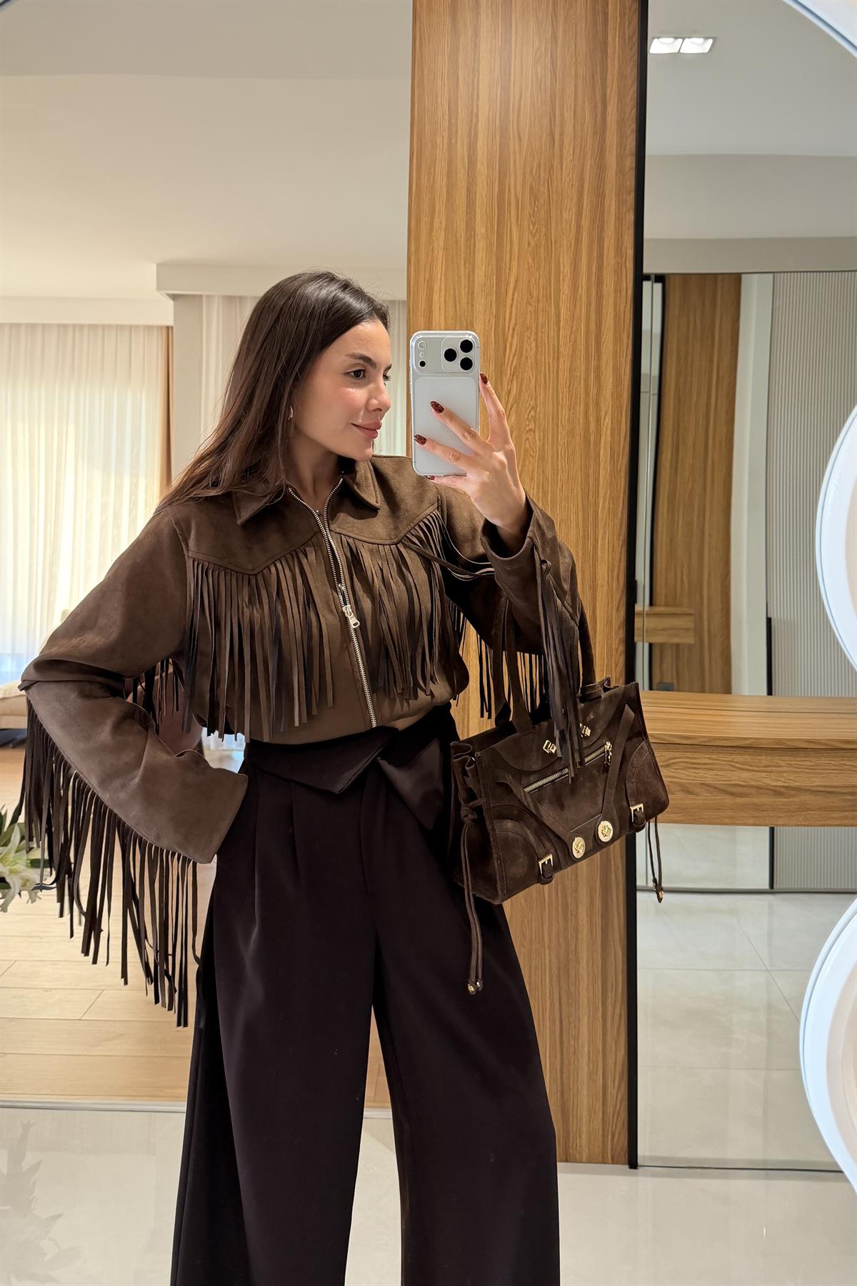 Malive Acı Kahve Süet Püsküllü Ceket