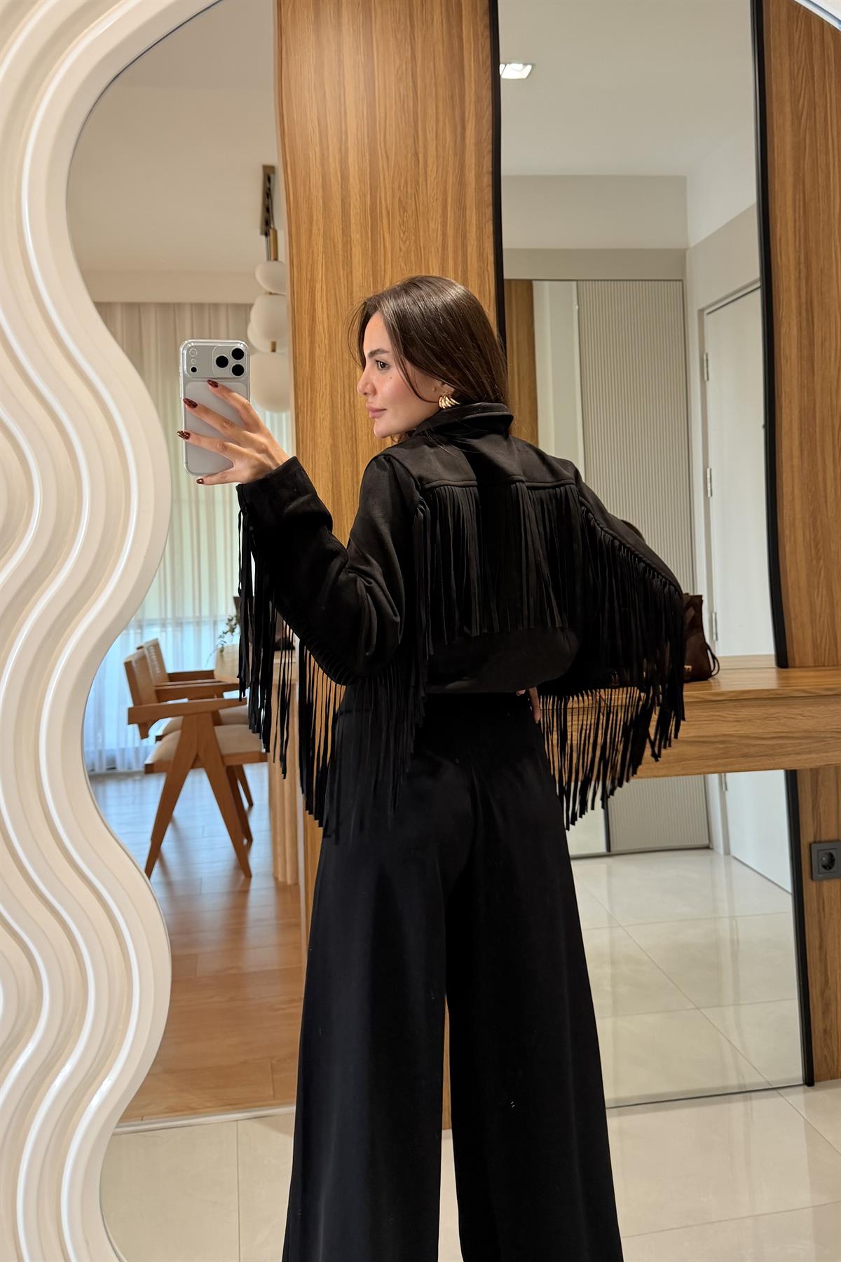 Malive Siyah Süet Püsküllü Ceket