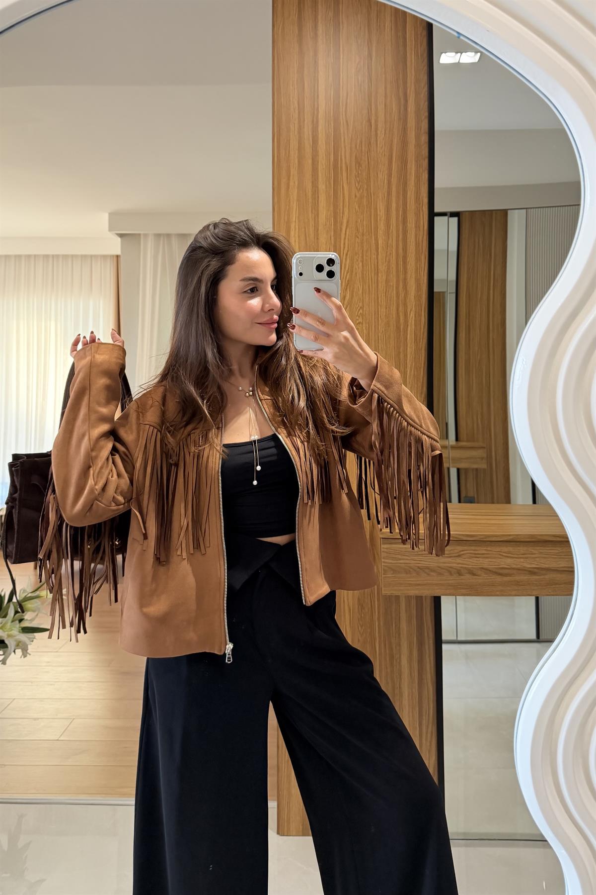 Malive Taba Süet Püsküllü Ceket