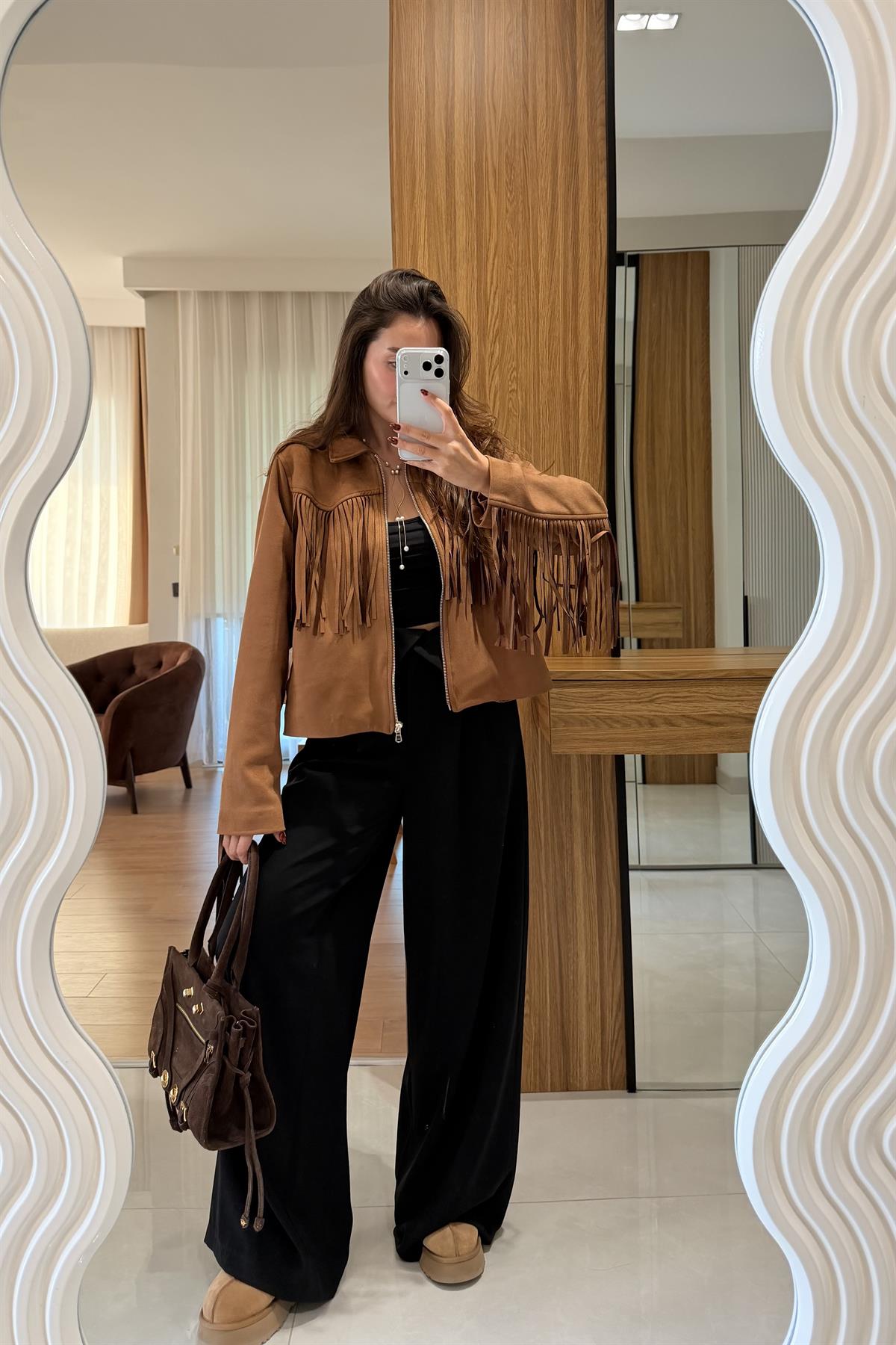 Malive Taba Süet Püsküllü Ceket