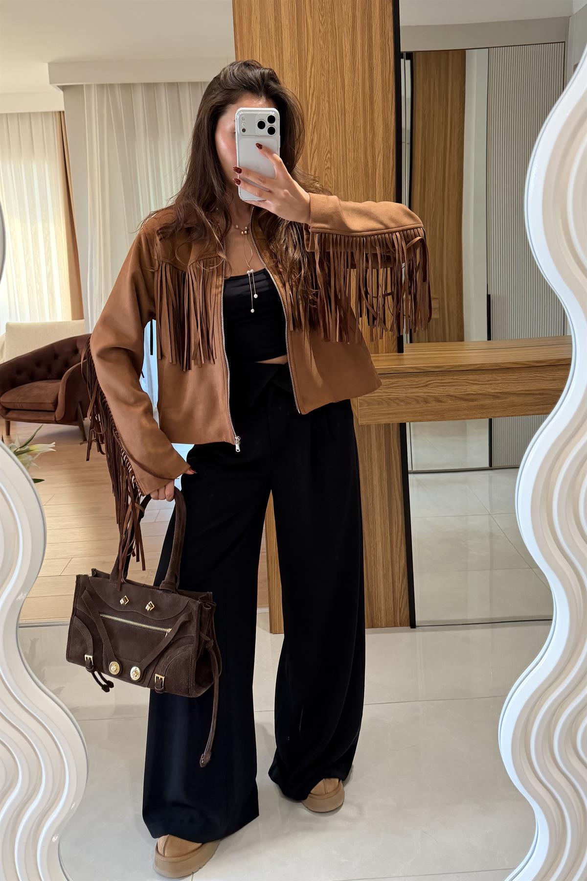 Malive Taba Süet Püsküllü Ceket