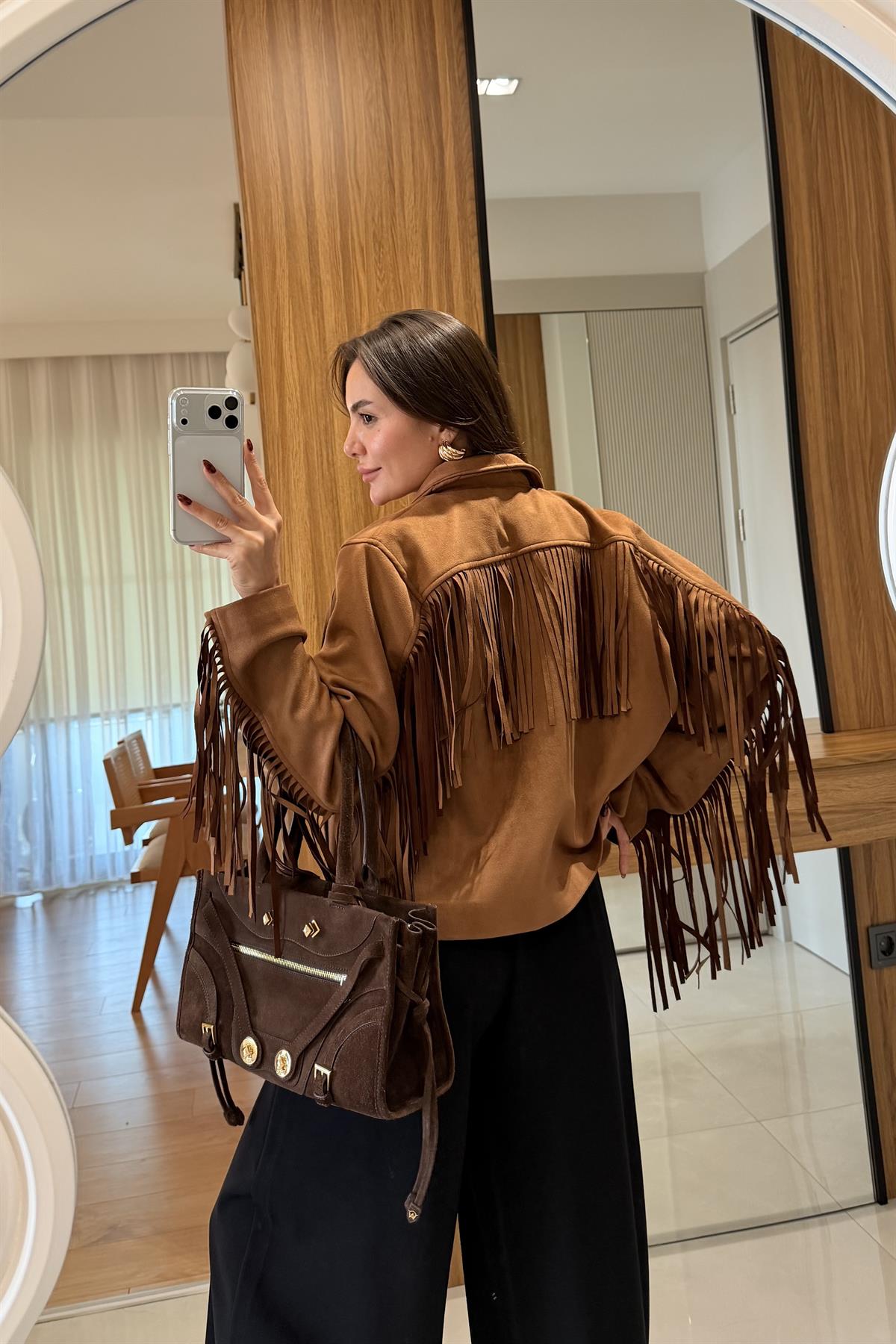 Malive Taba Süet Püsküllü Ceket