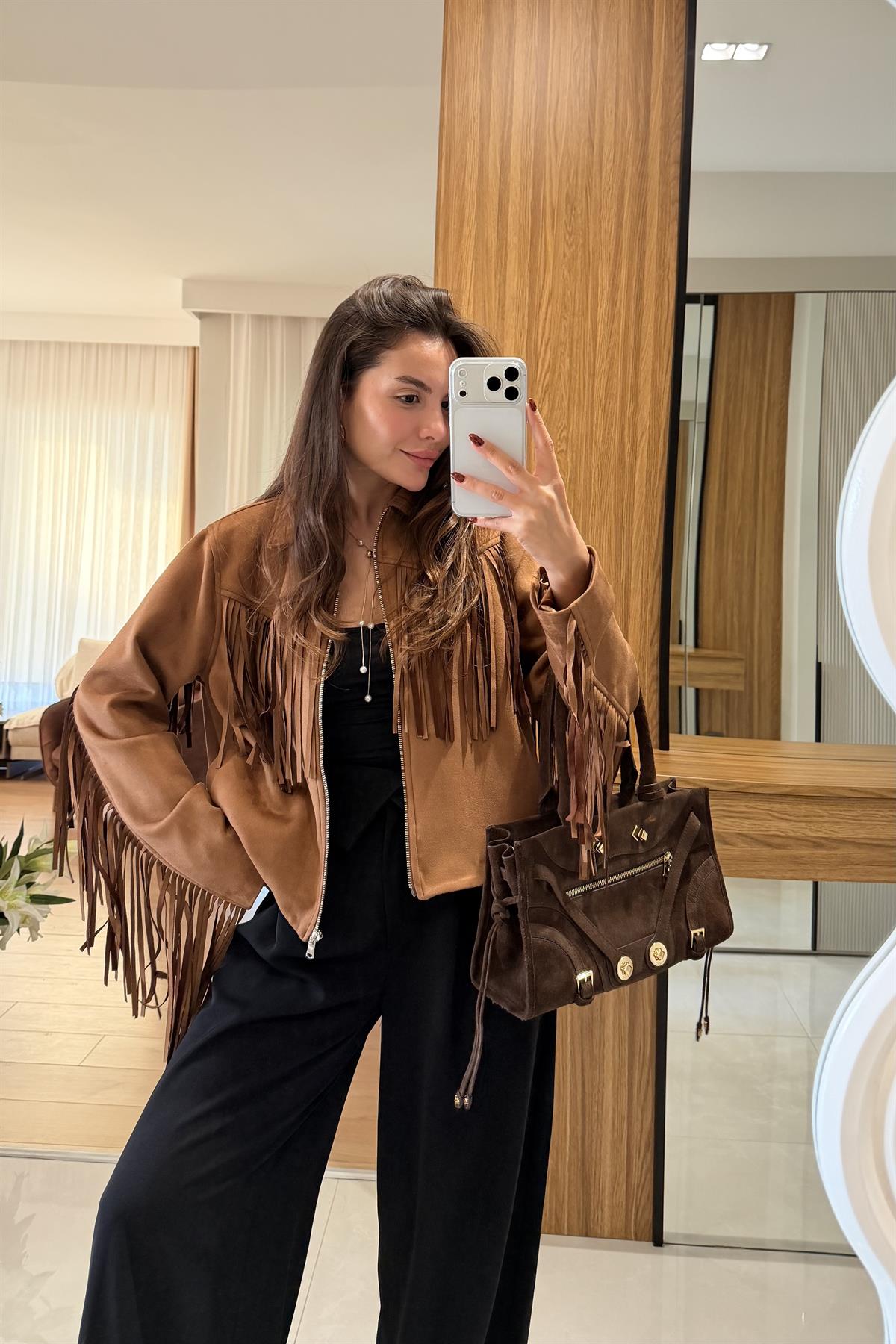 Malive Taba Süet Püsküllü Ceket