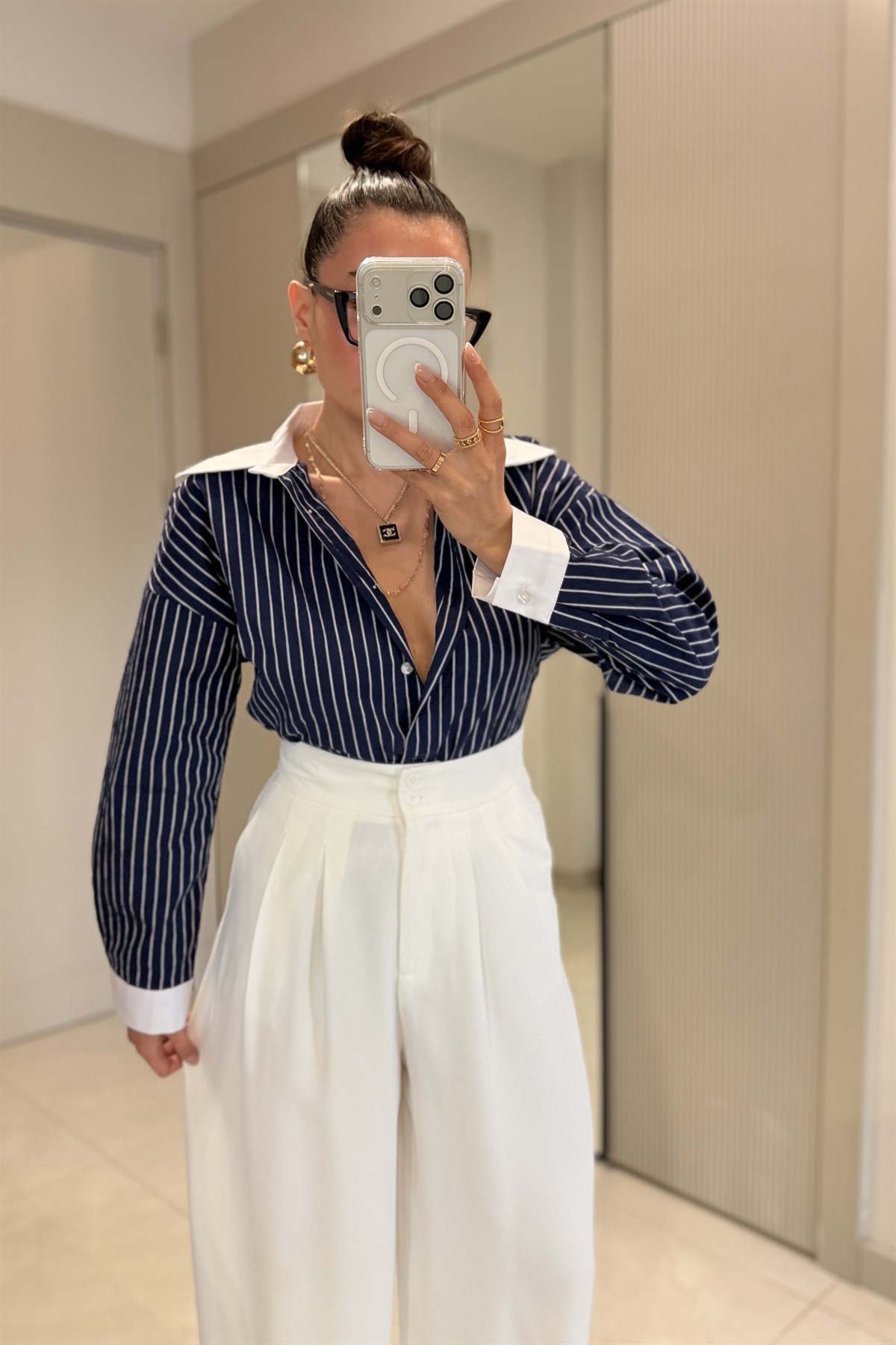 Mams Lacivert Çizgili Tensel Gömlek