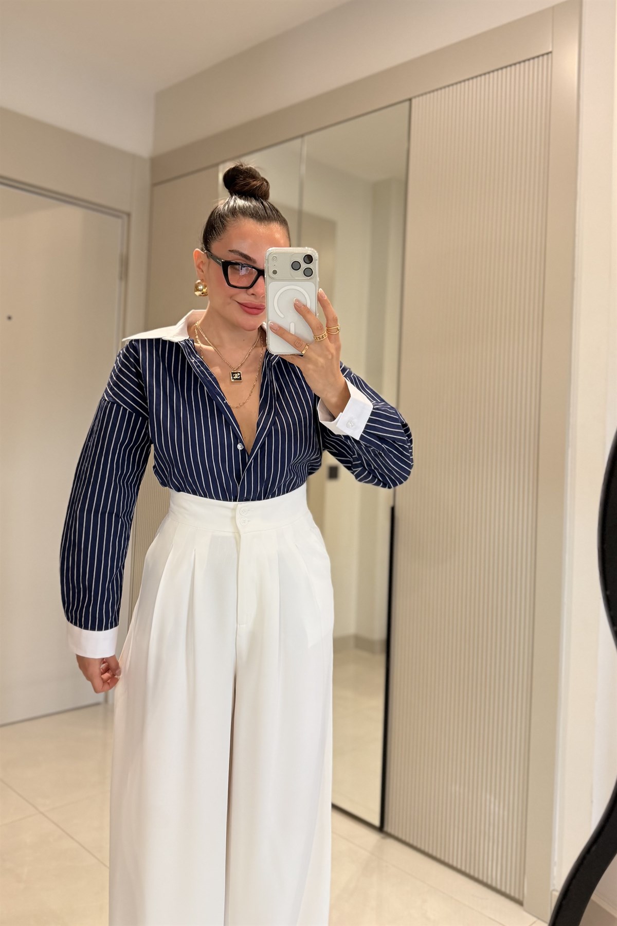 Mams Lacivert Çizgili Tensel Gömlek