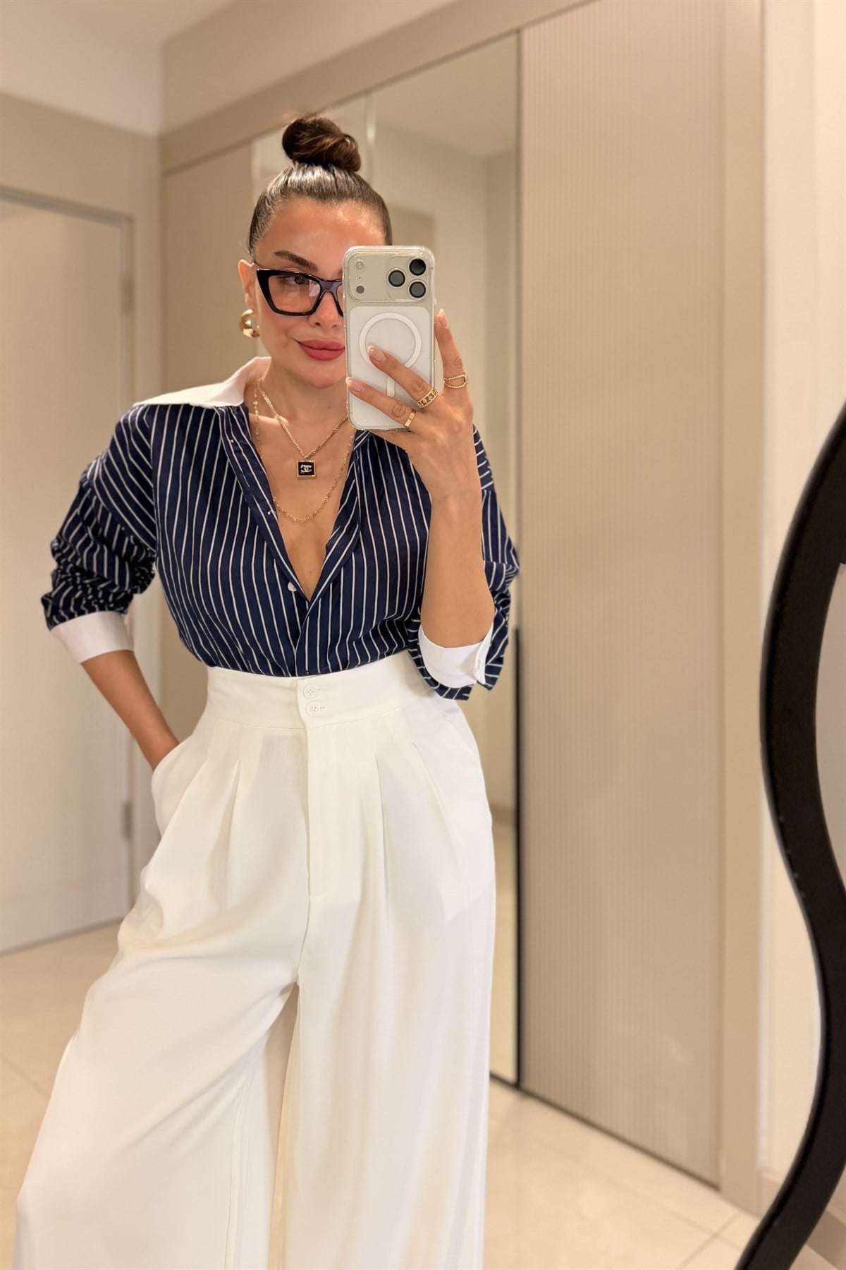 Mams Lacivert Çizgili Tensel Gömlek