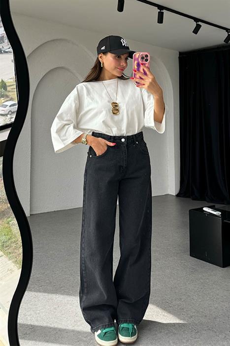 Manche Siyah Yıkama Baggy Jean