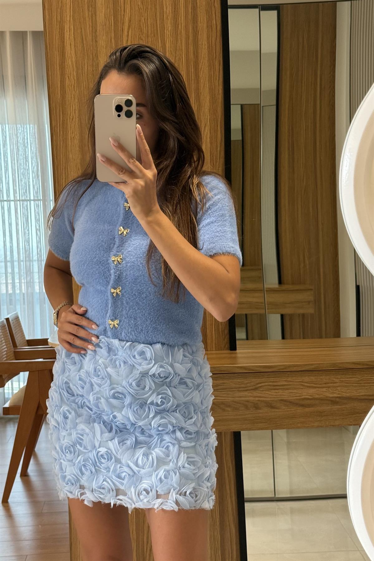 Marbella Mavi Kabartma Gül Detaylı Mini Etek