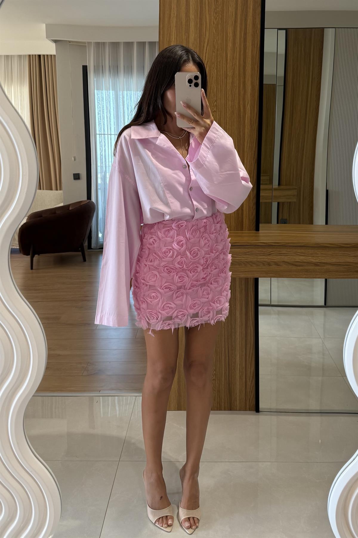 Marbella Pembe Kabartma Gül Detaylı Mini Etek