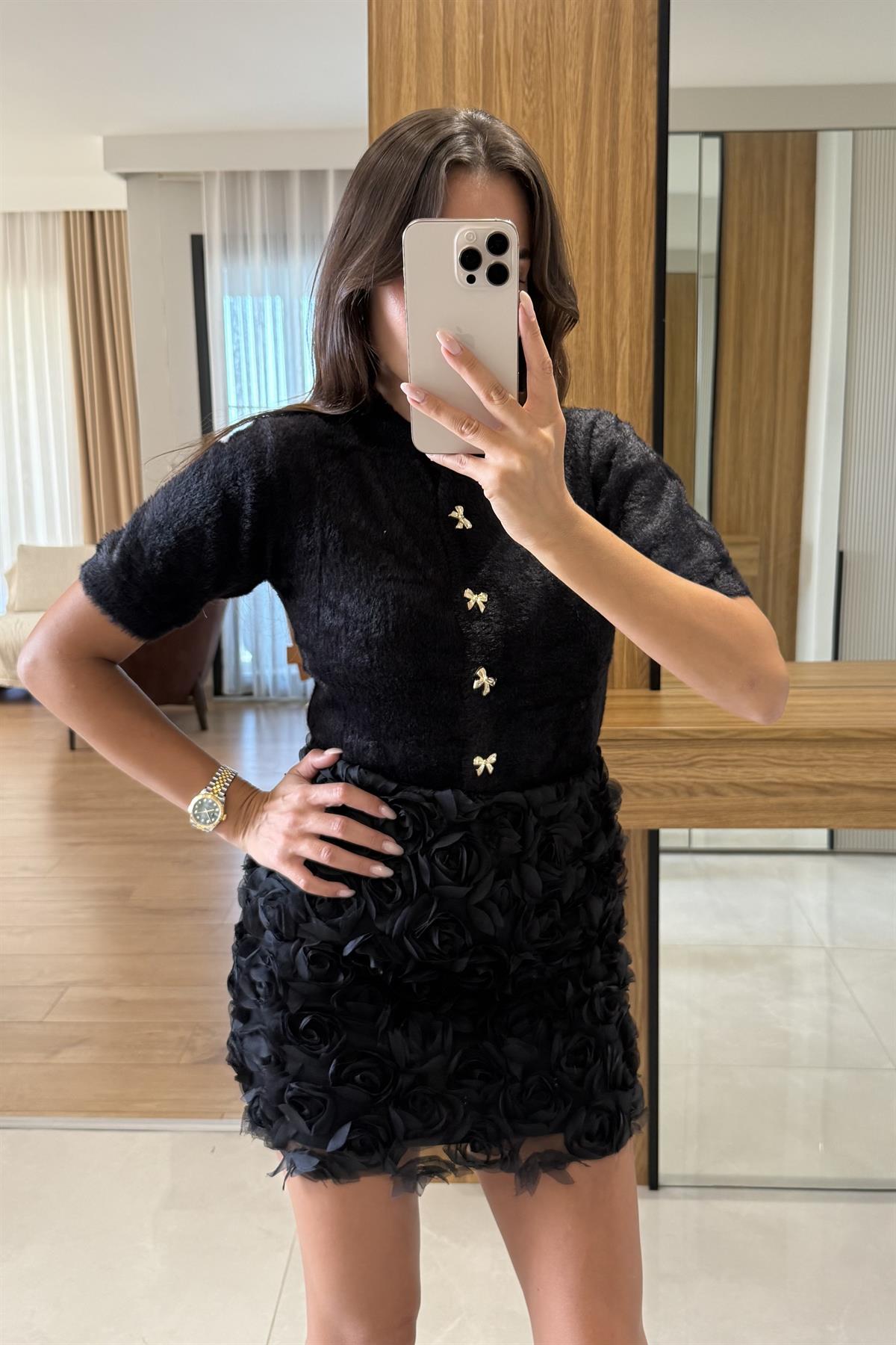 Marbella Siyah Kabartma Gül Detaylı Mini Etek