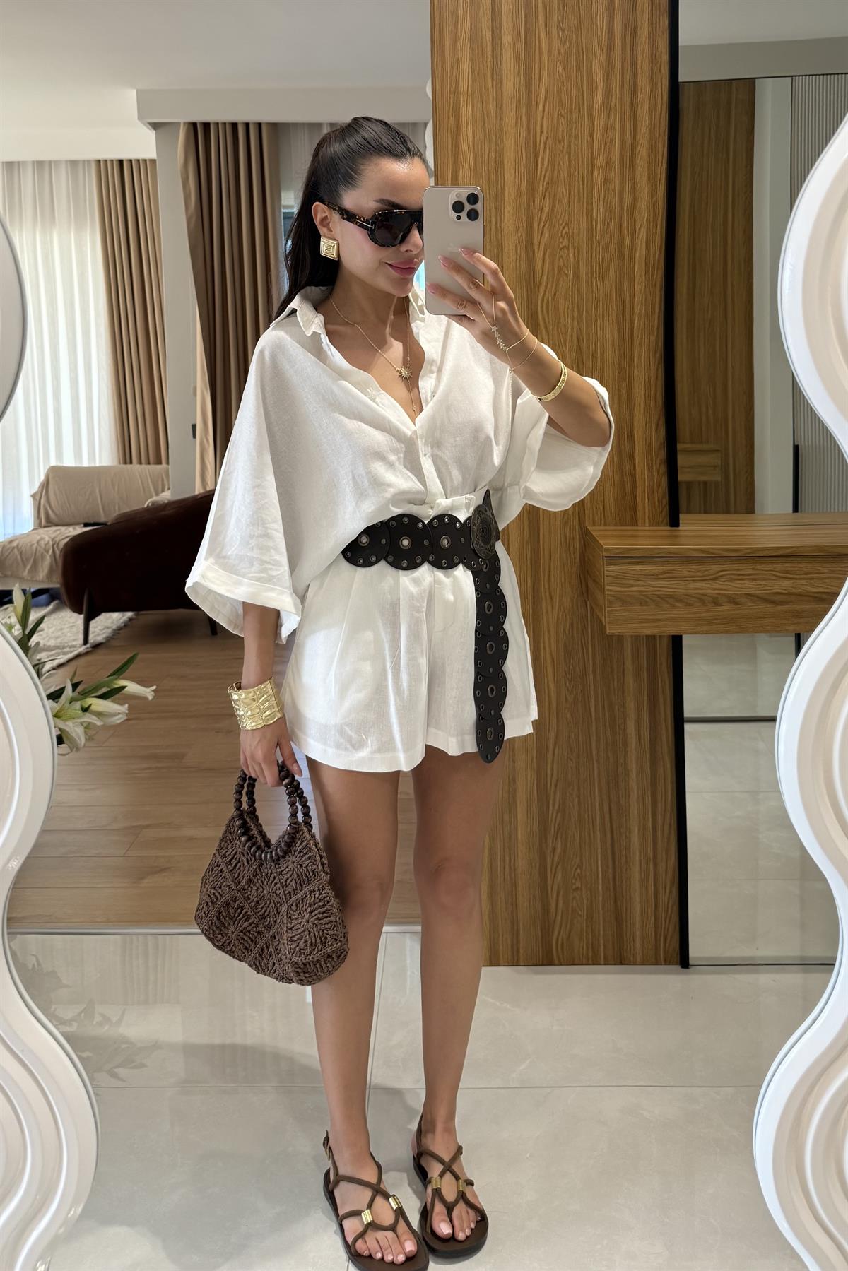 Mareis Beyaz Gömlek Şort Keten Takım 