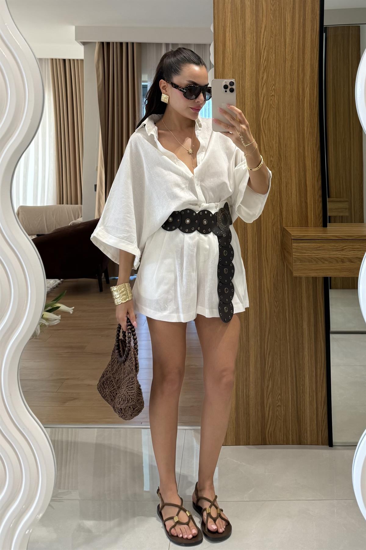 Mareis Beyaz Gömlek Şort Keten Takım 