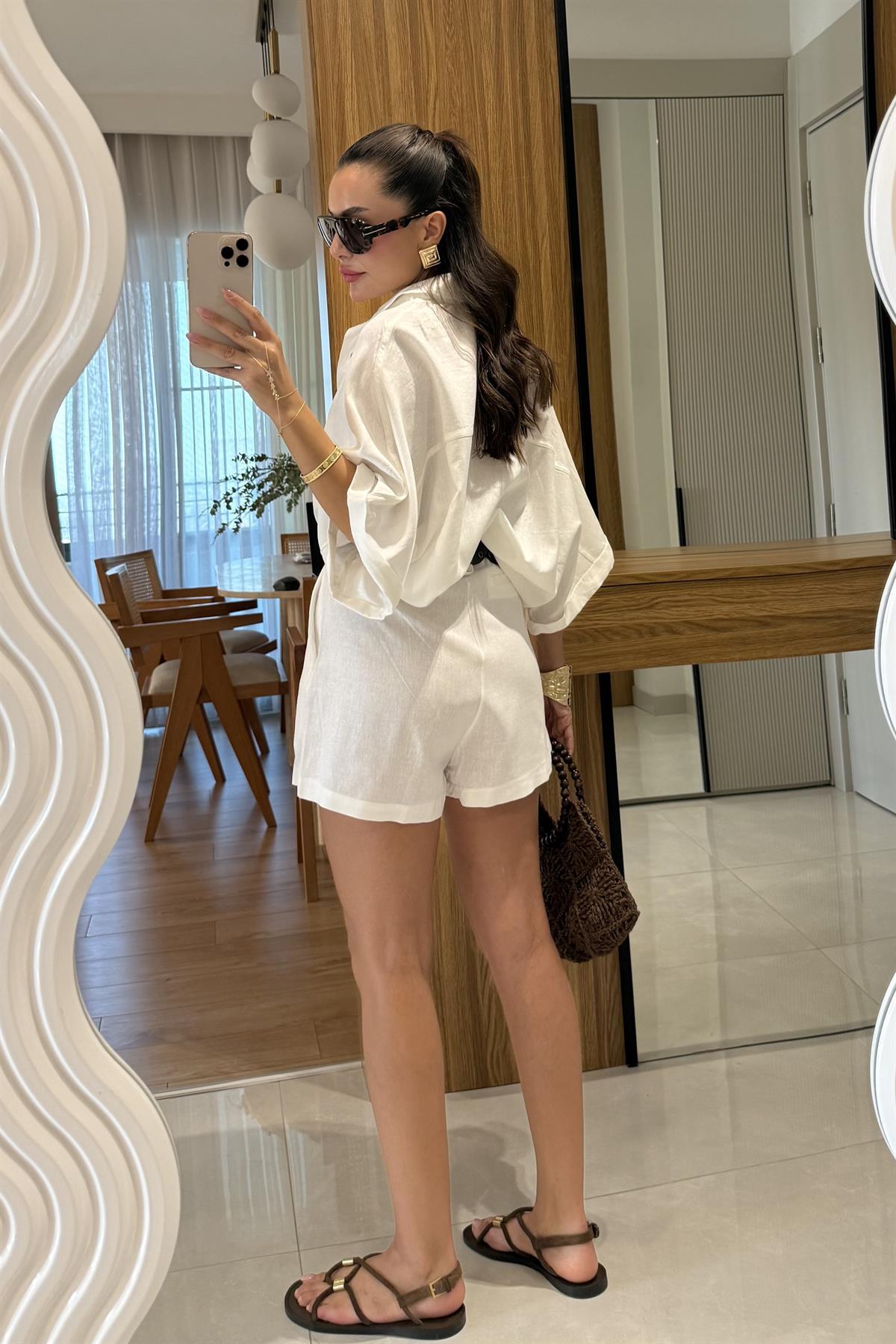 Mareis Beyaz Gömlek Şort Keten Takım 