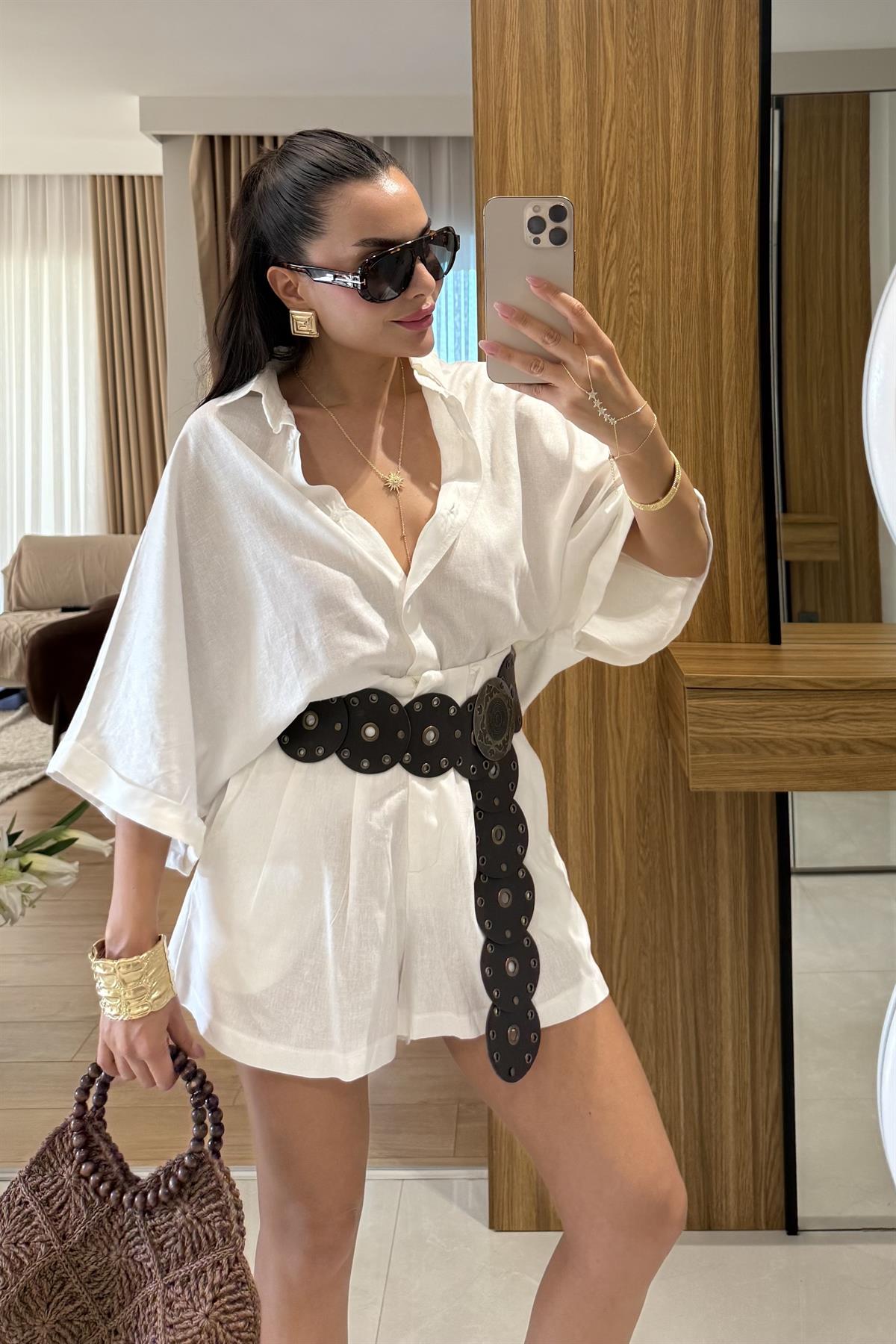 Mareis Beyaz Gömlek Şort Keten Takım 