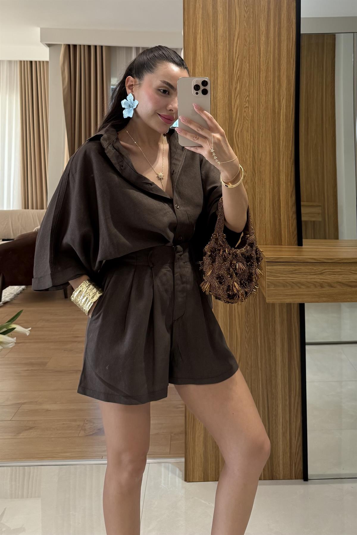 Mareis Kahve Gömlek Şort Keten Takım 