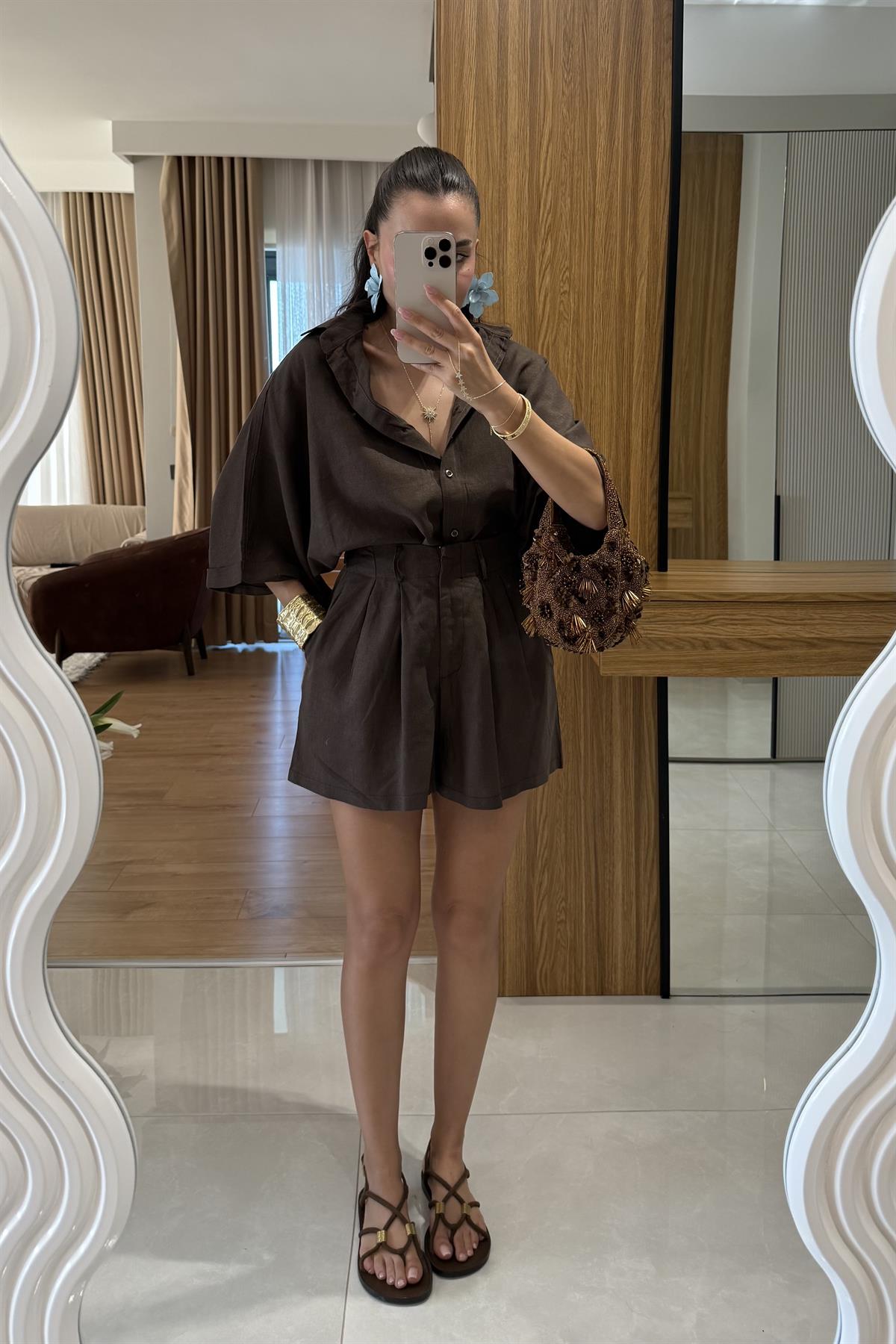 Mareis Kahve Gömlek Şort Keten Takım 