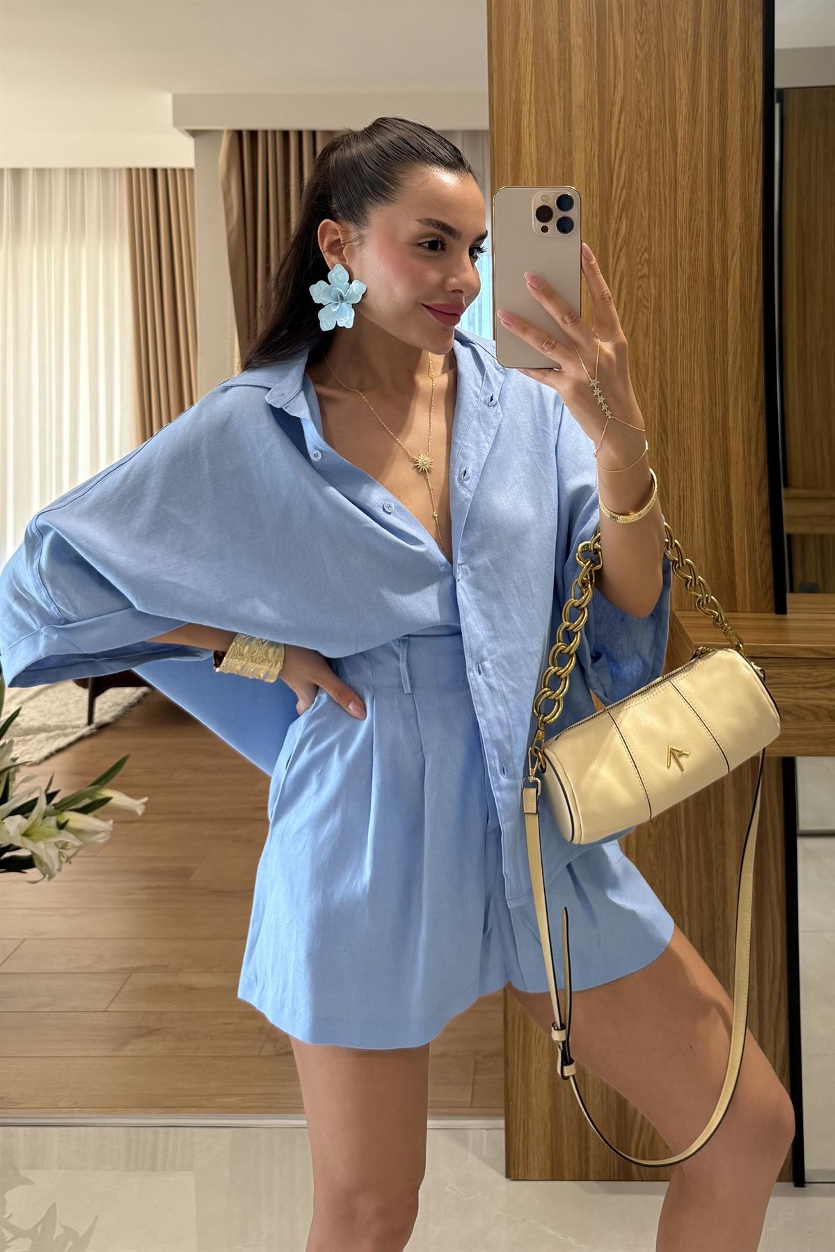 Mareis Mavi Gömlek Şort Keten Takım 